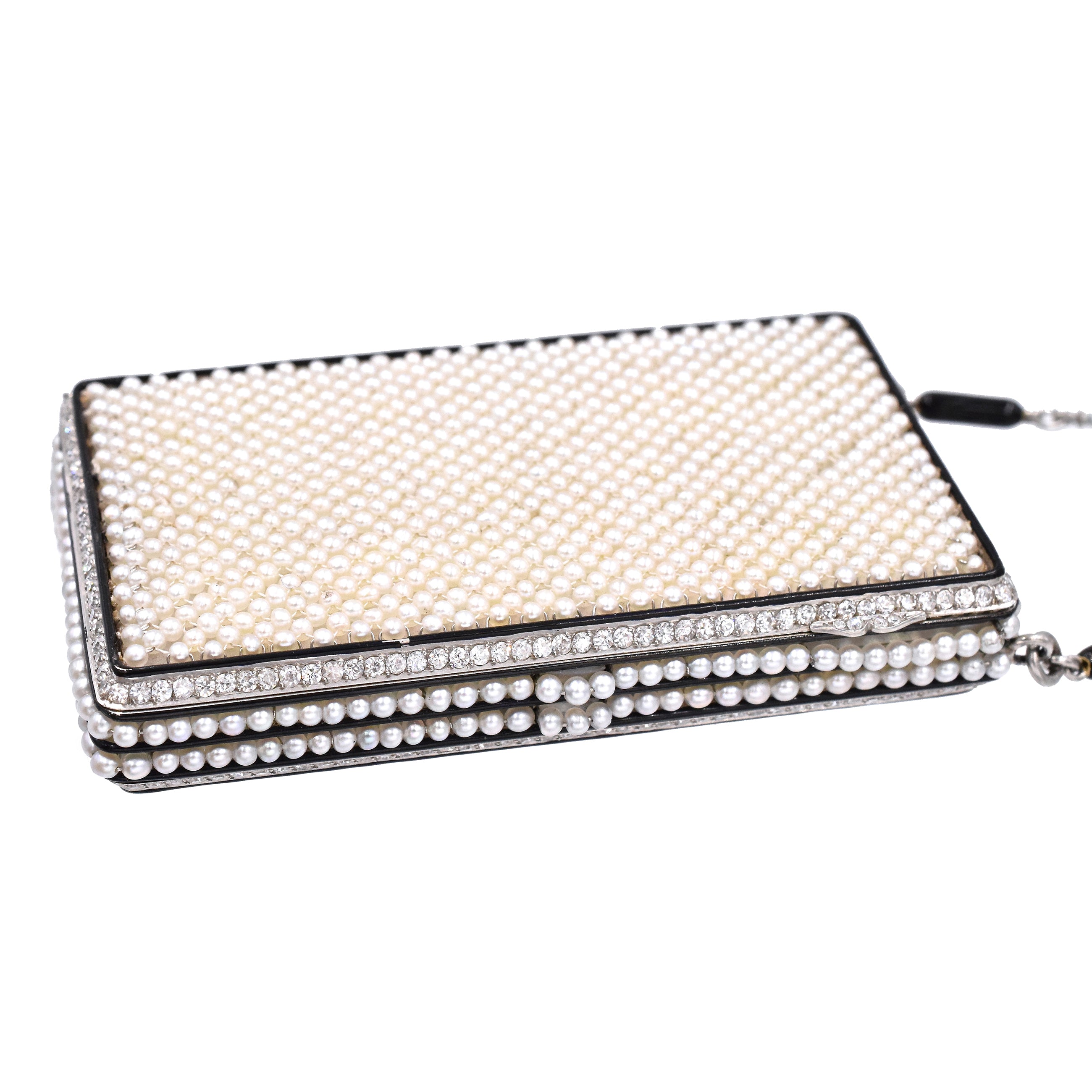 1920s Art Deco Natural Pearl, Onyx & Diamond, Platinum Compact Box