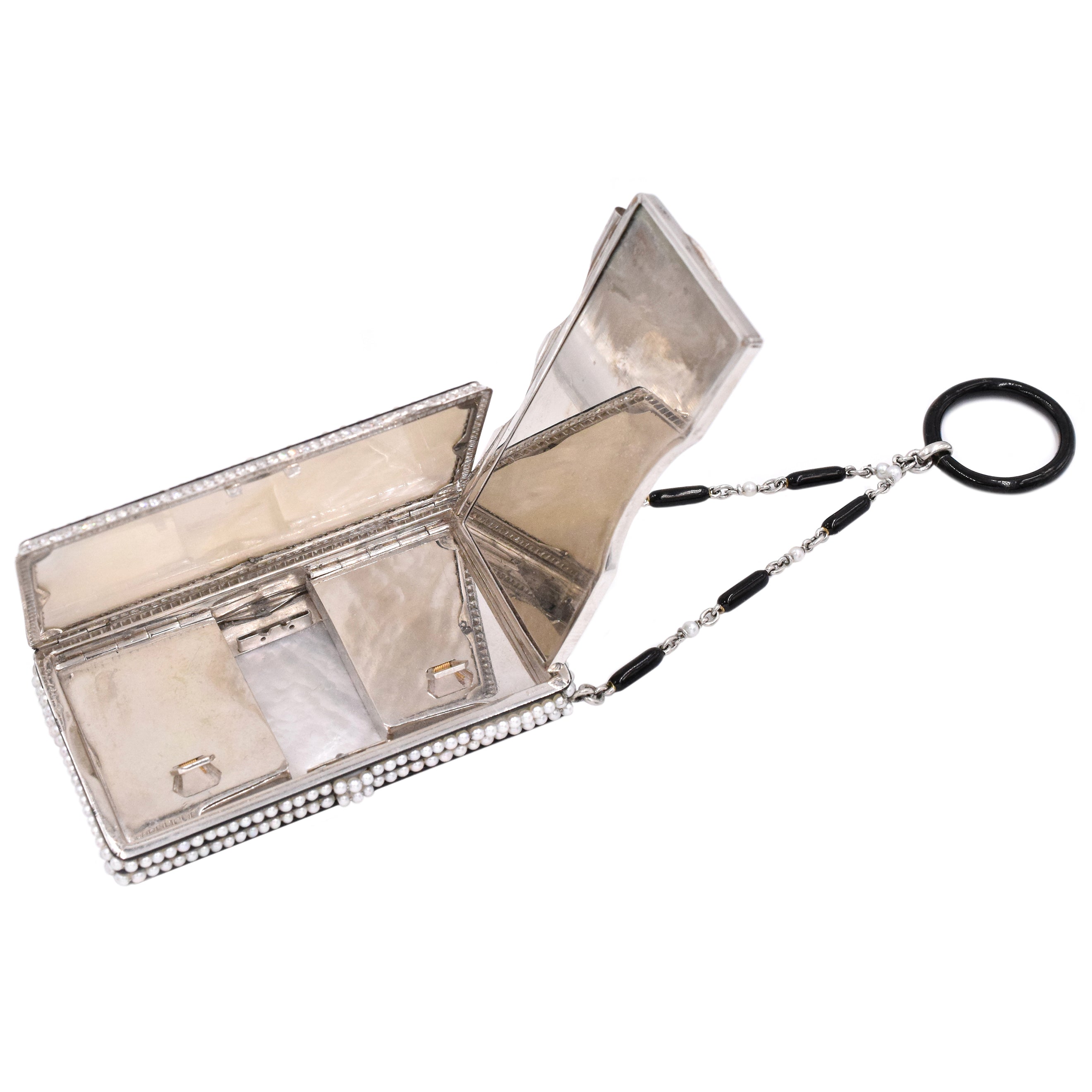 1920s Art Deco Natural Pearl, Onyx & Diamond, Platinum Compact Box