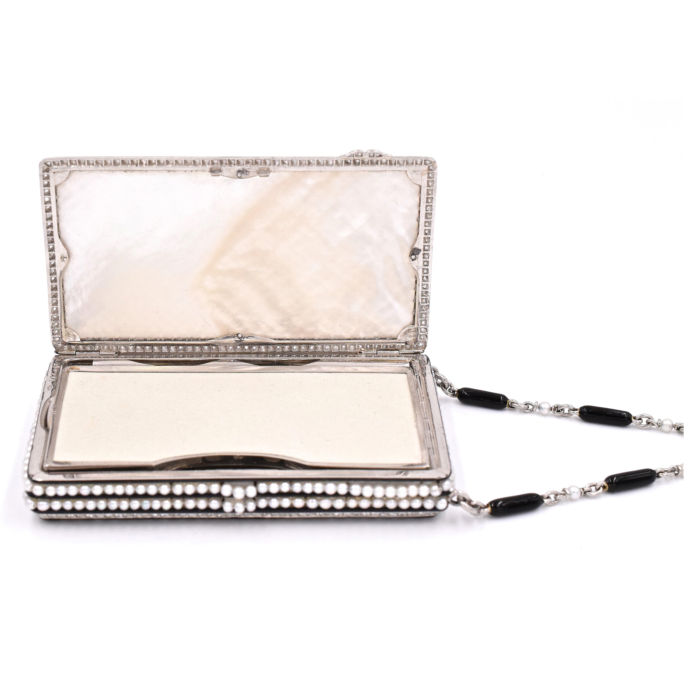 1920s Art Deco Natural Pearl, Onyx & Diamond, Platinum Compact Box