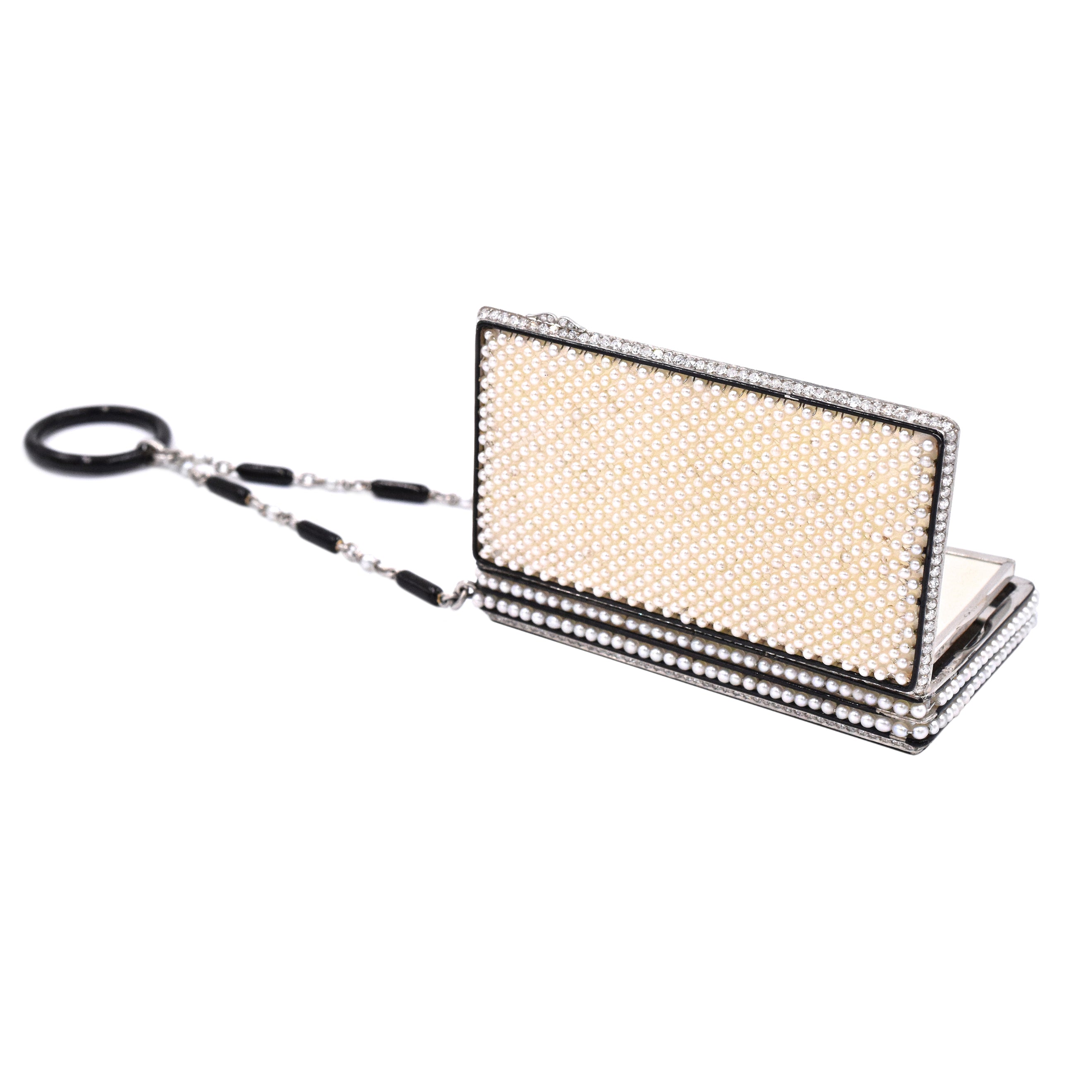 1920s Art Deco Natural Pearl, Onyx & Diamond, Platinum Compact Box
