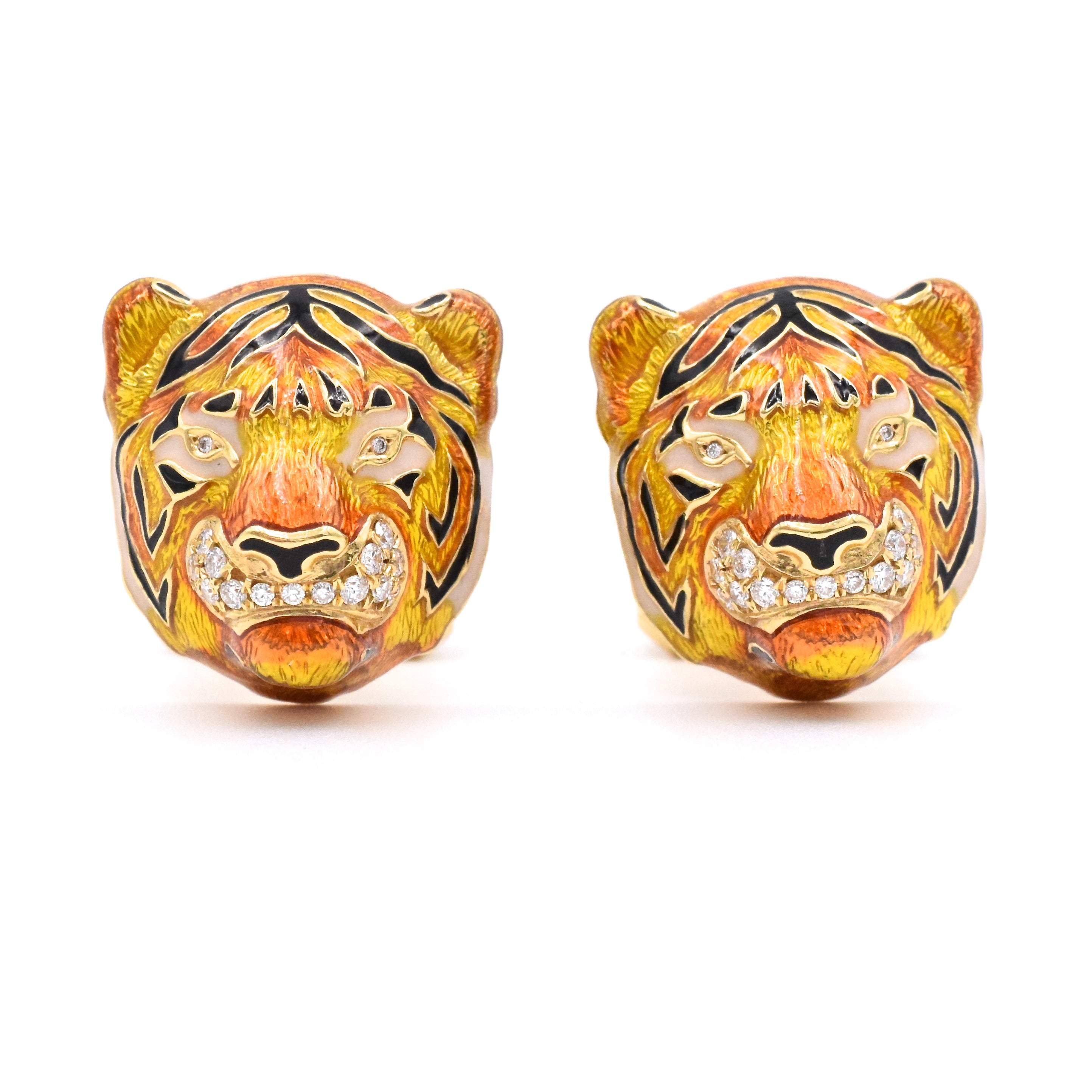 Diamond & Enamel Tiger Cufflinks in 18k Yellow Gold by Nally