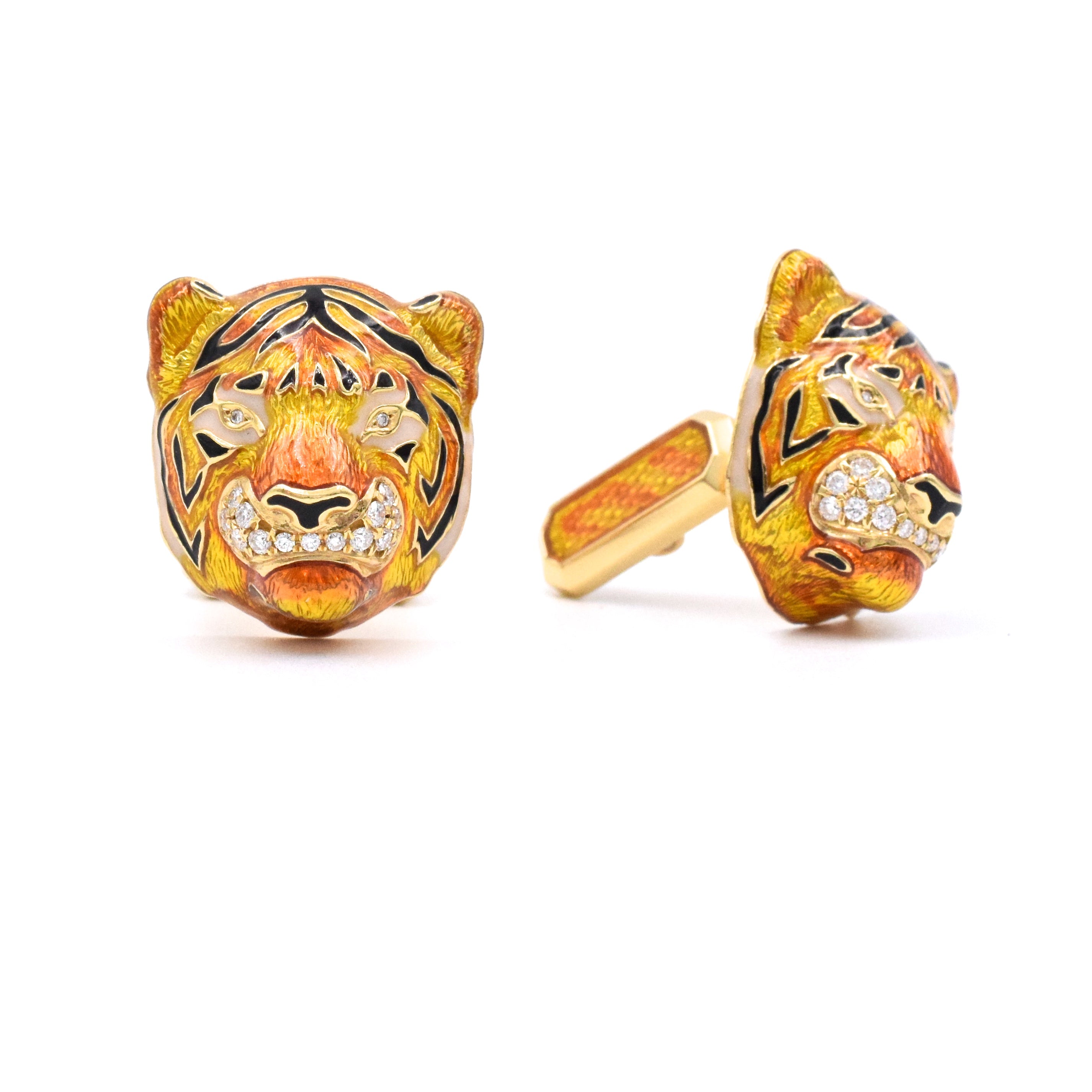 Diamond & Enamel Tiger Cufflinks in 18k Yellow Gold by Nally