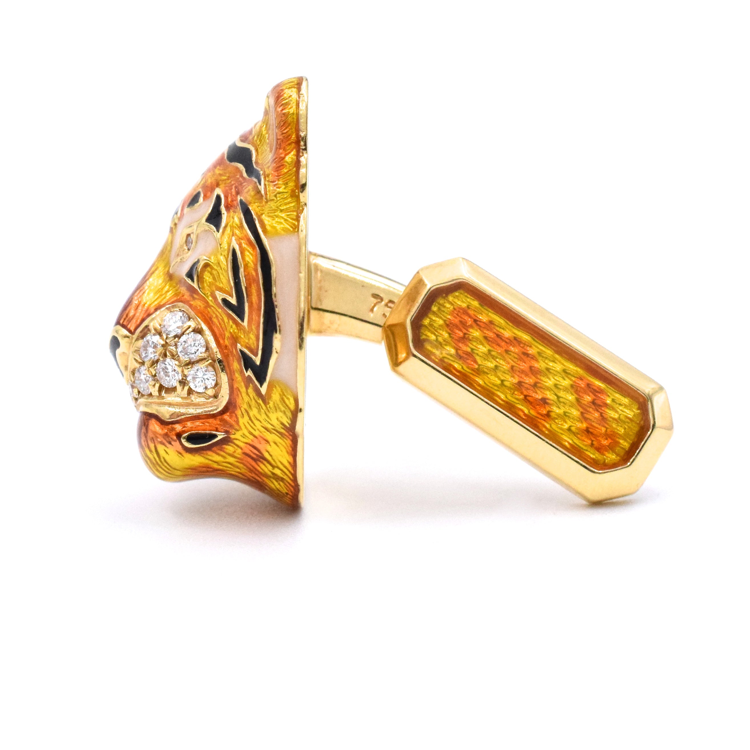 Diamond & Enamel Tiger Cufflinks in 18k Yellow Gold by Nally