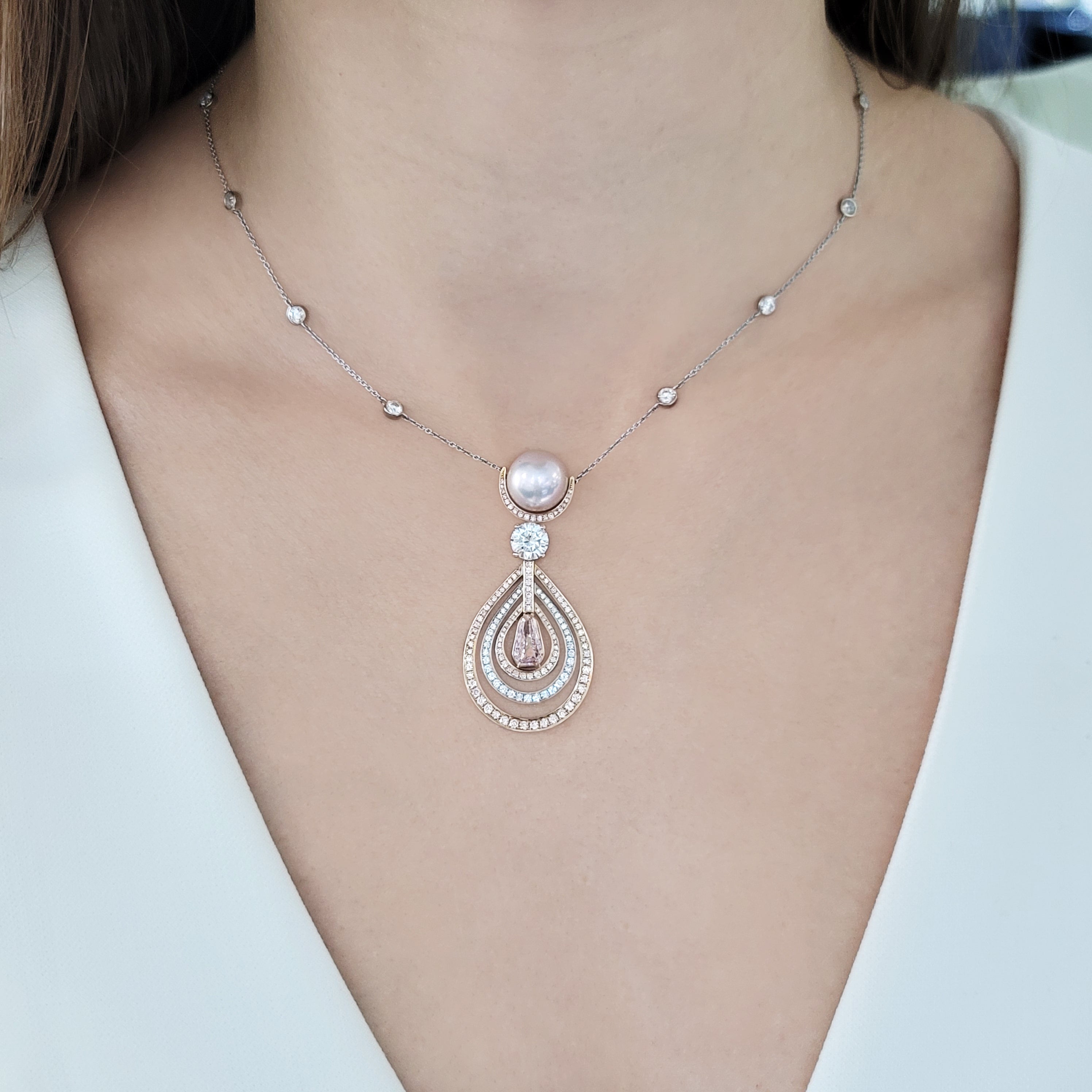 Pink Diamond & Pearl Necklace In Platinum And 18k Rose Gold