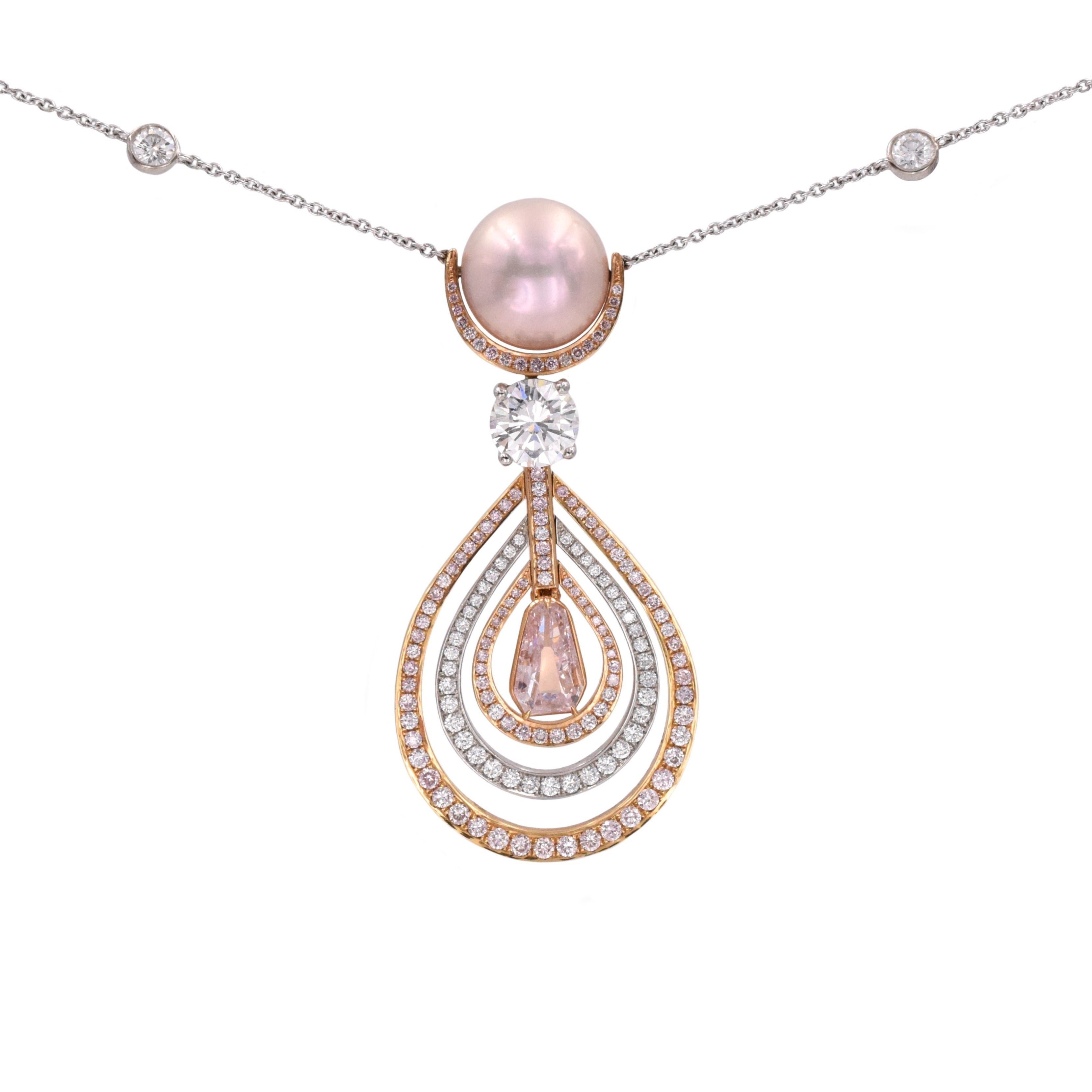 Pink Diamond & Pearl Necklace In Platinum And 18k Rose Gold