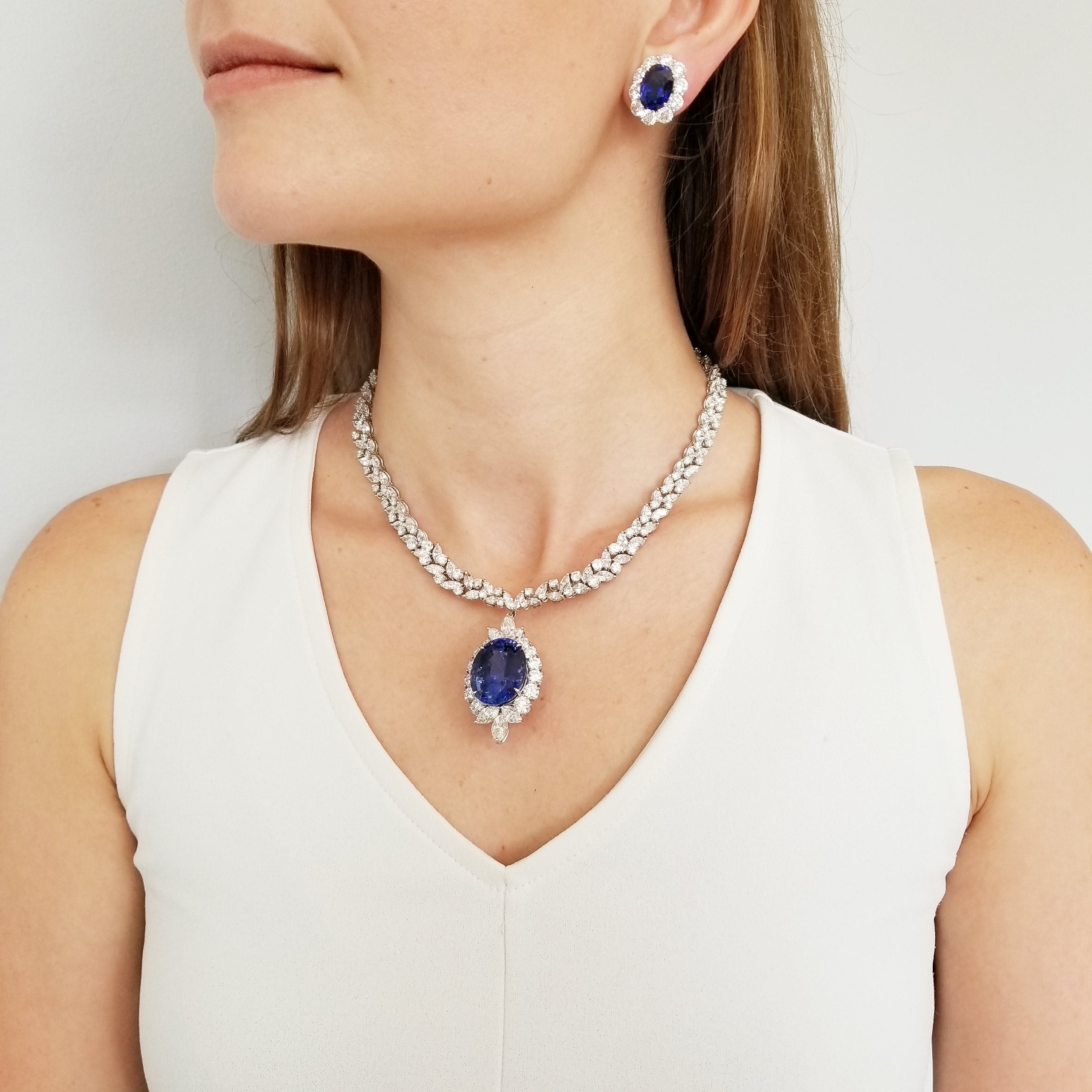 70.14ct Ceylon Sapphire & 44.50ct Diamond Necklace & Earrings Suite