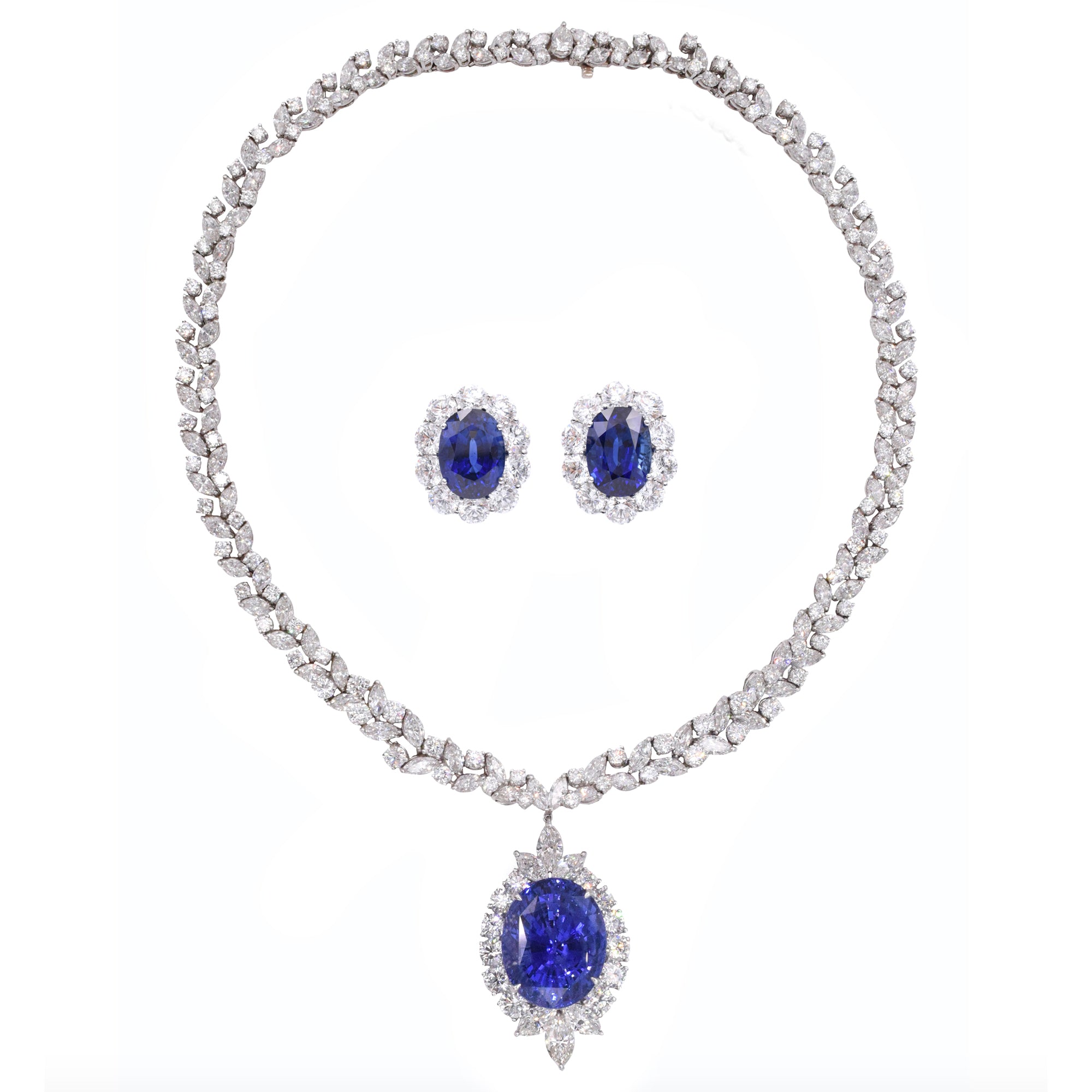 70.14ct Ceylon Sapphire & 44.50ct Diamond Necklace & Earrings Suite