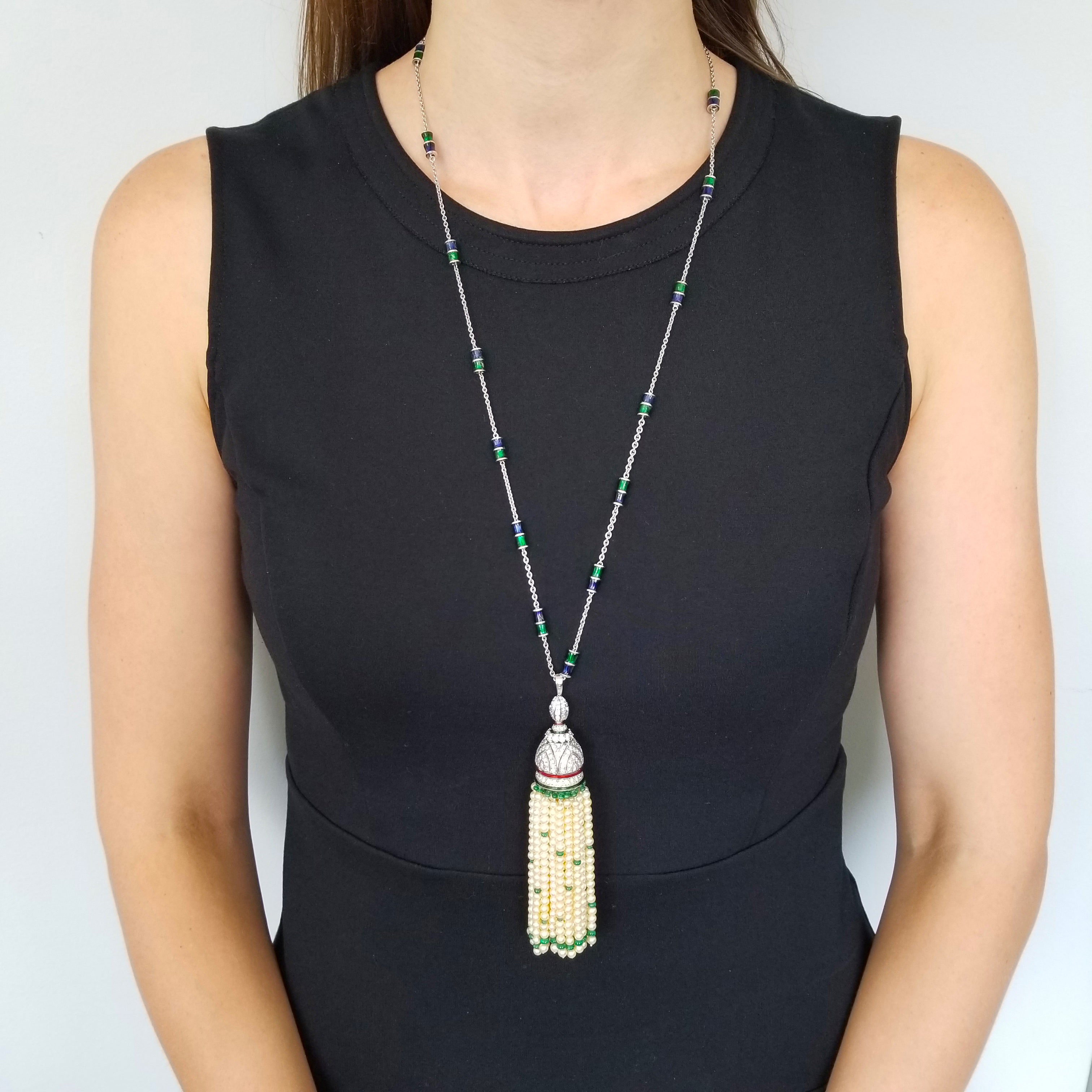 Diamond, Pearl & Emerald Tassel Necklace In 18k White Gold