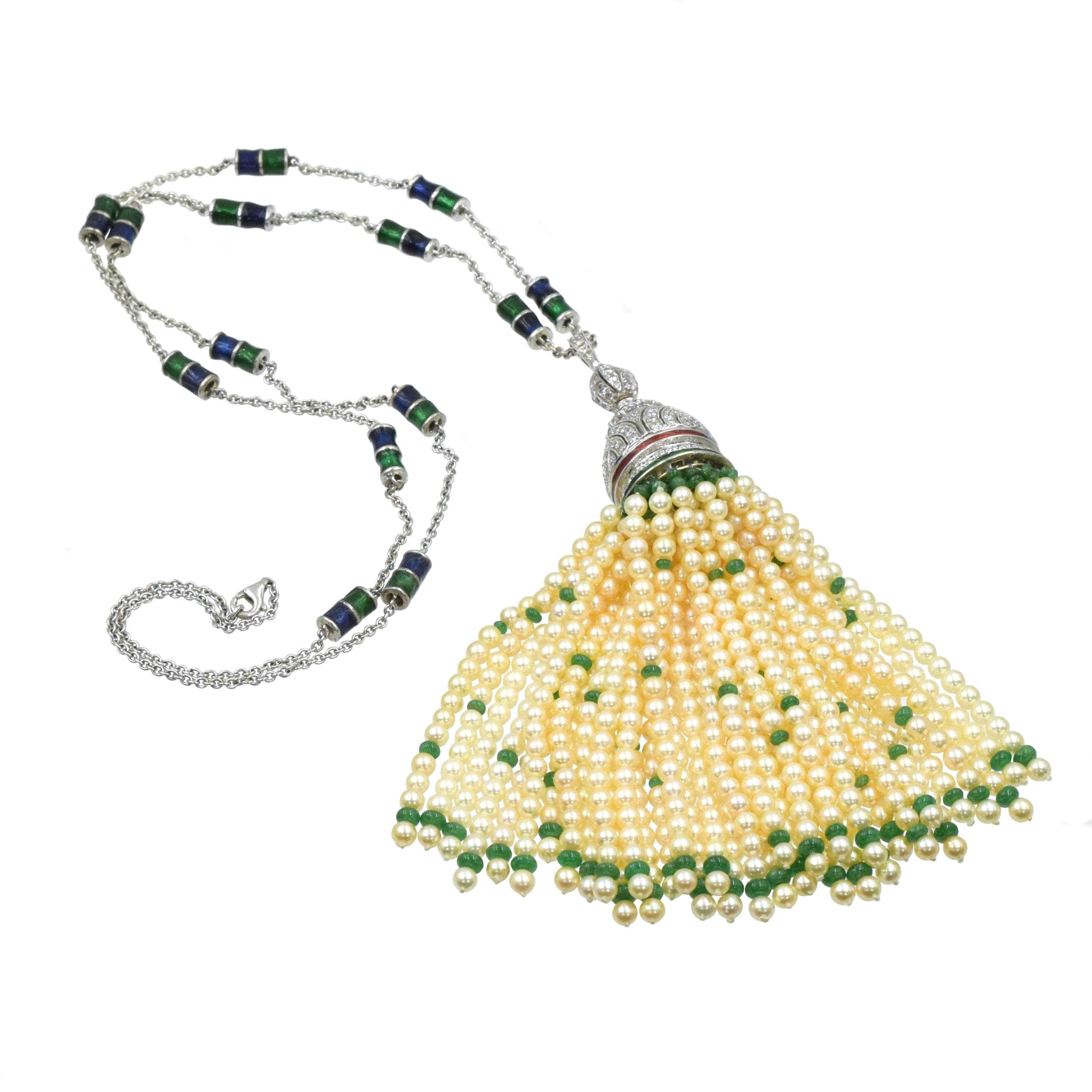 Diamond, Pearl & Emerald Tassel Necklace In 18k White Gold