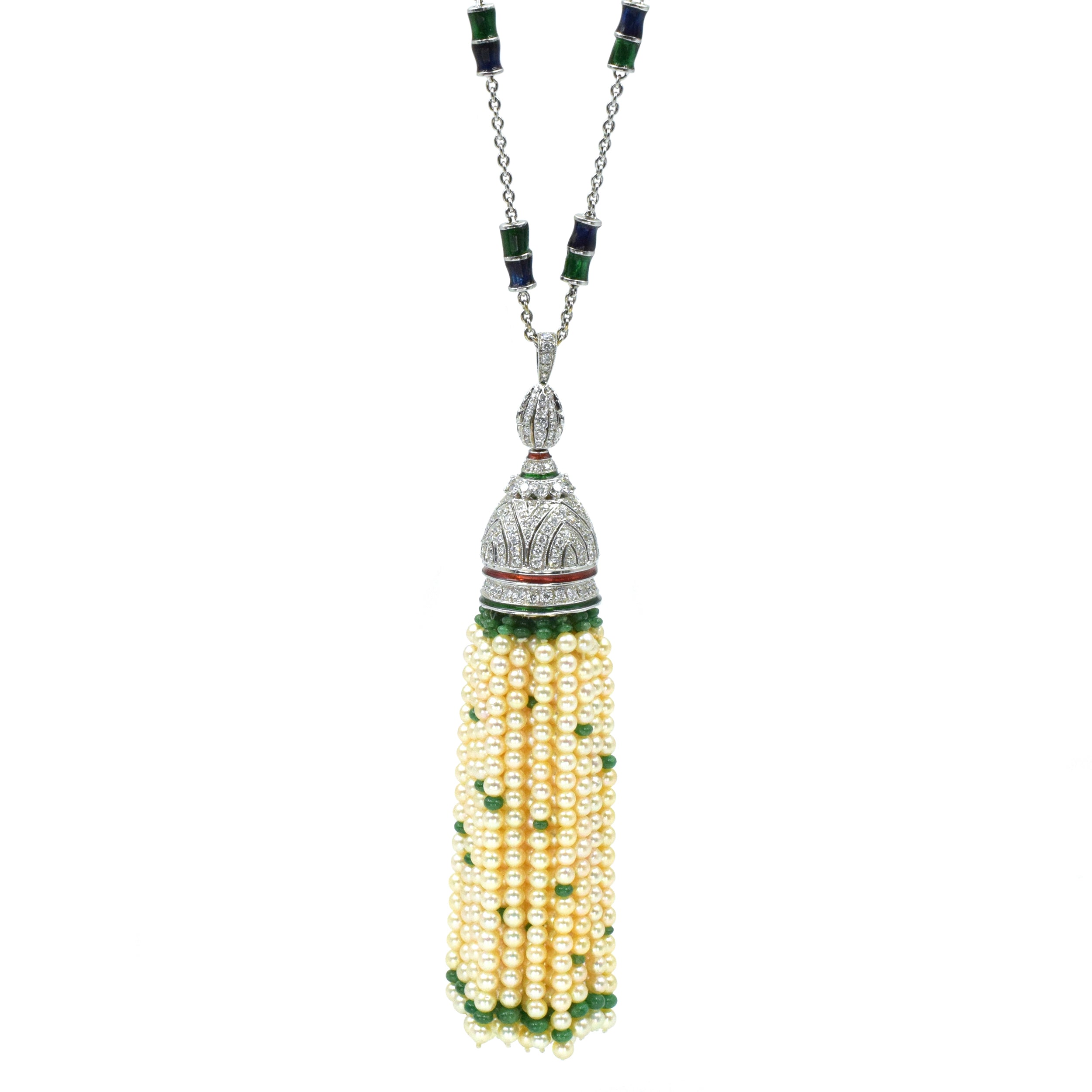 Diamond, Pearl & Emerald Tassel Necklace In 18k White Gold