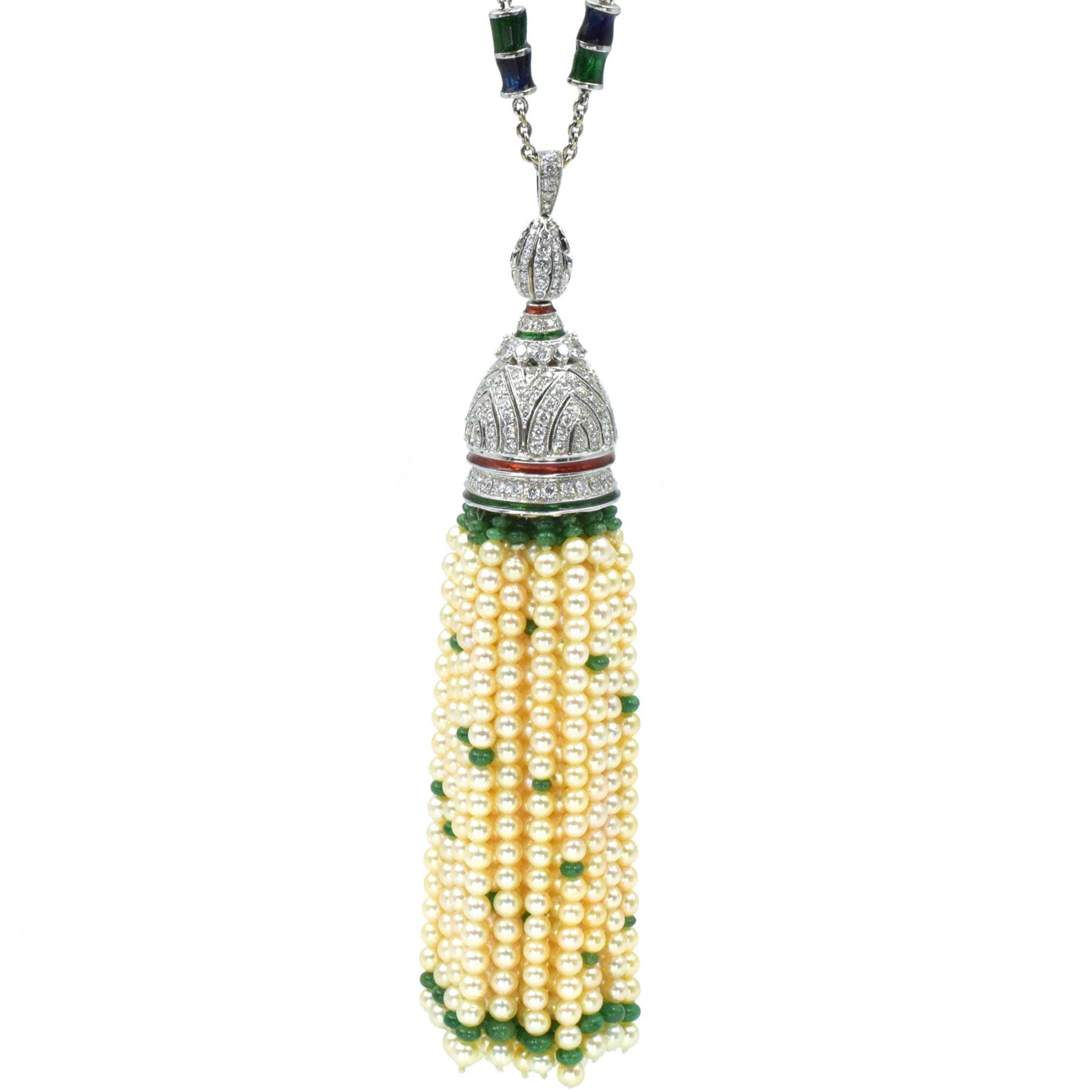 Diamond, Pearl & Emerald Tassel Necklace In 18k White Gold