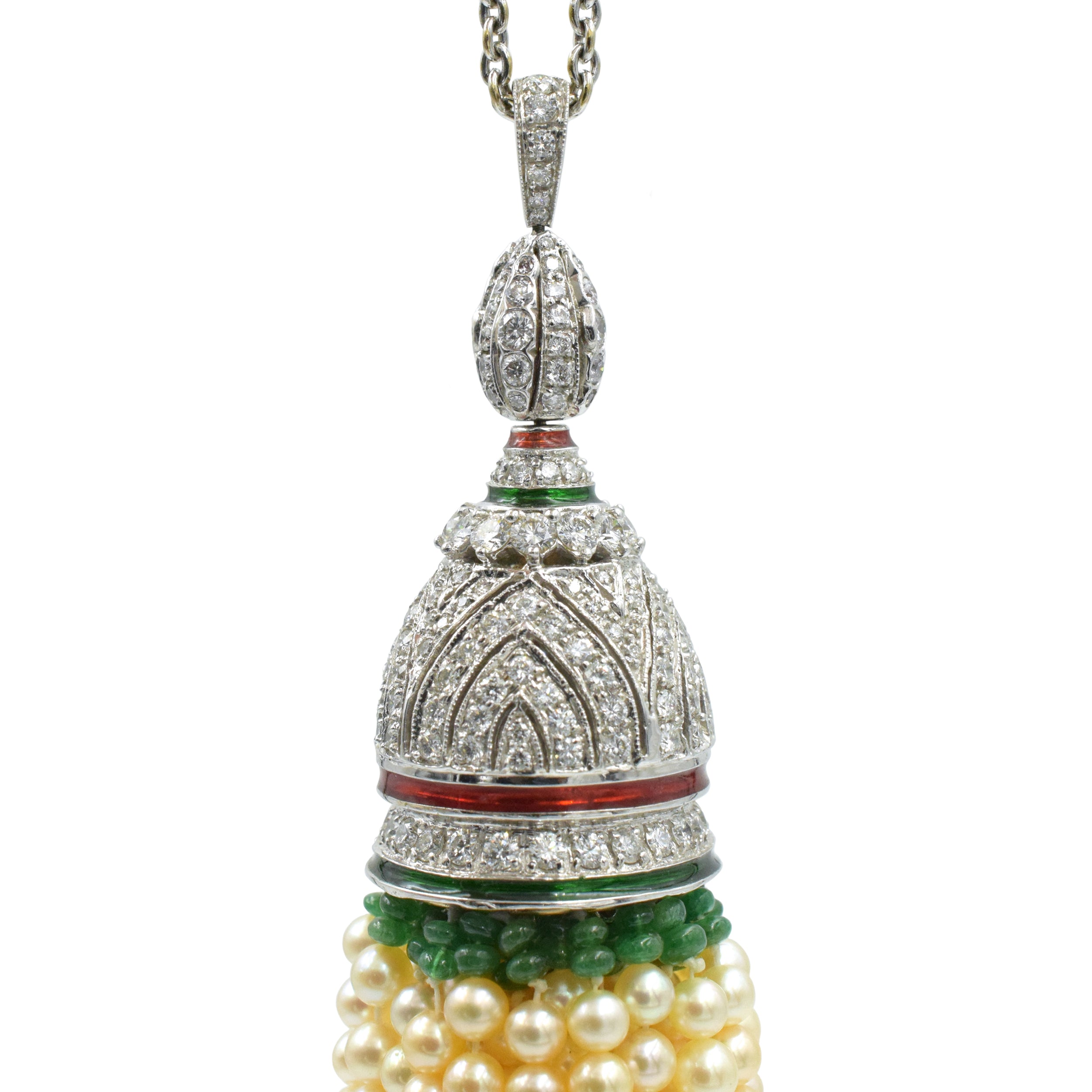 Diamond, Pearl & Emerald Tassel Necklace In 18k White Gold