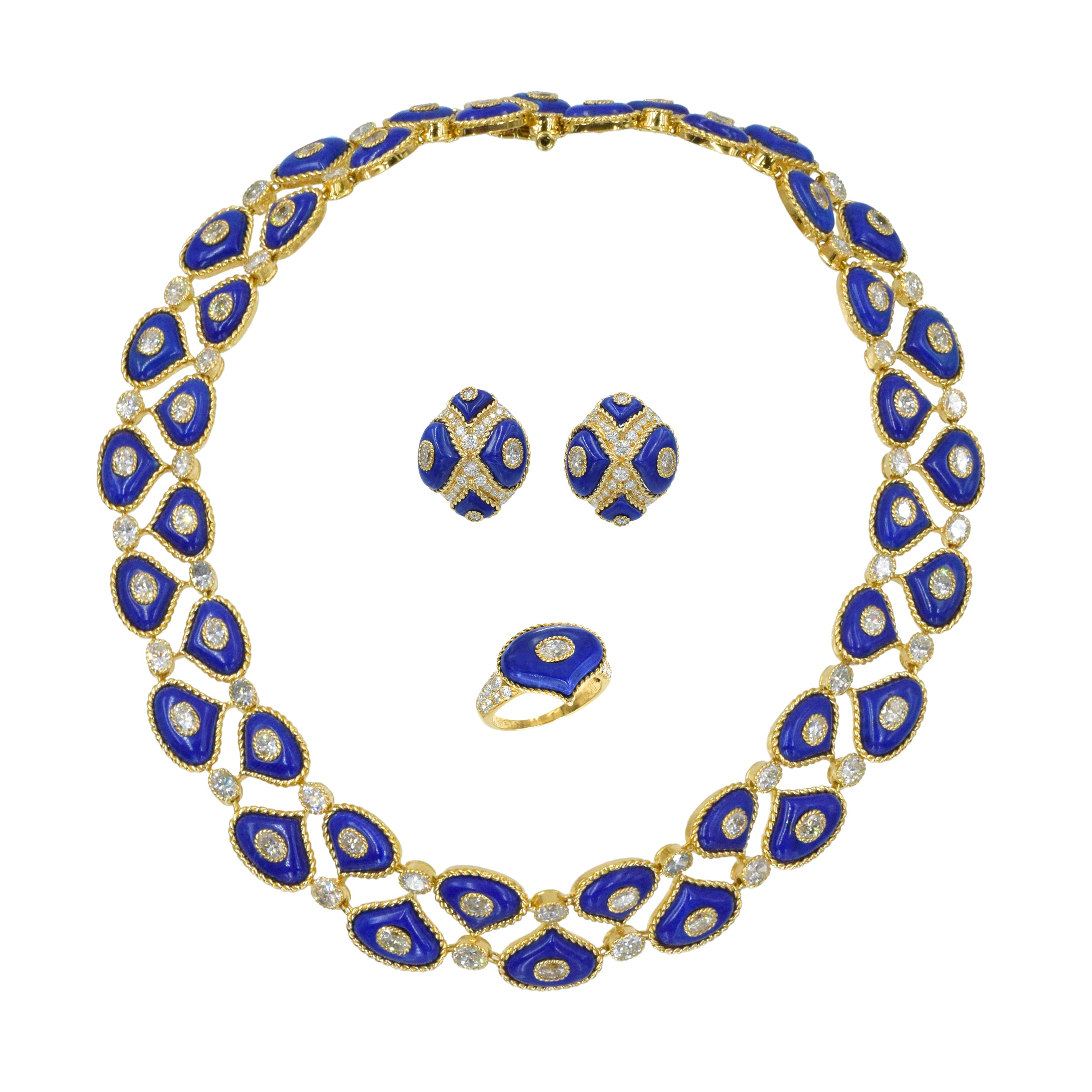 Alexandre Reza 1990's Diamond and Lapis Lazuli Necklace, Earrings & Ring Set In 18k Gold