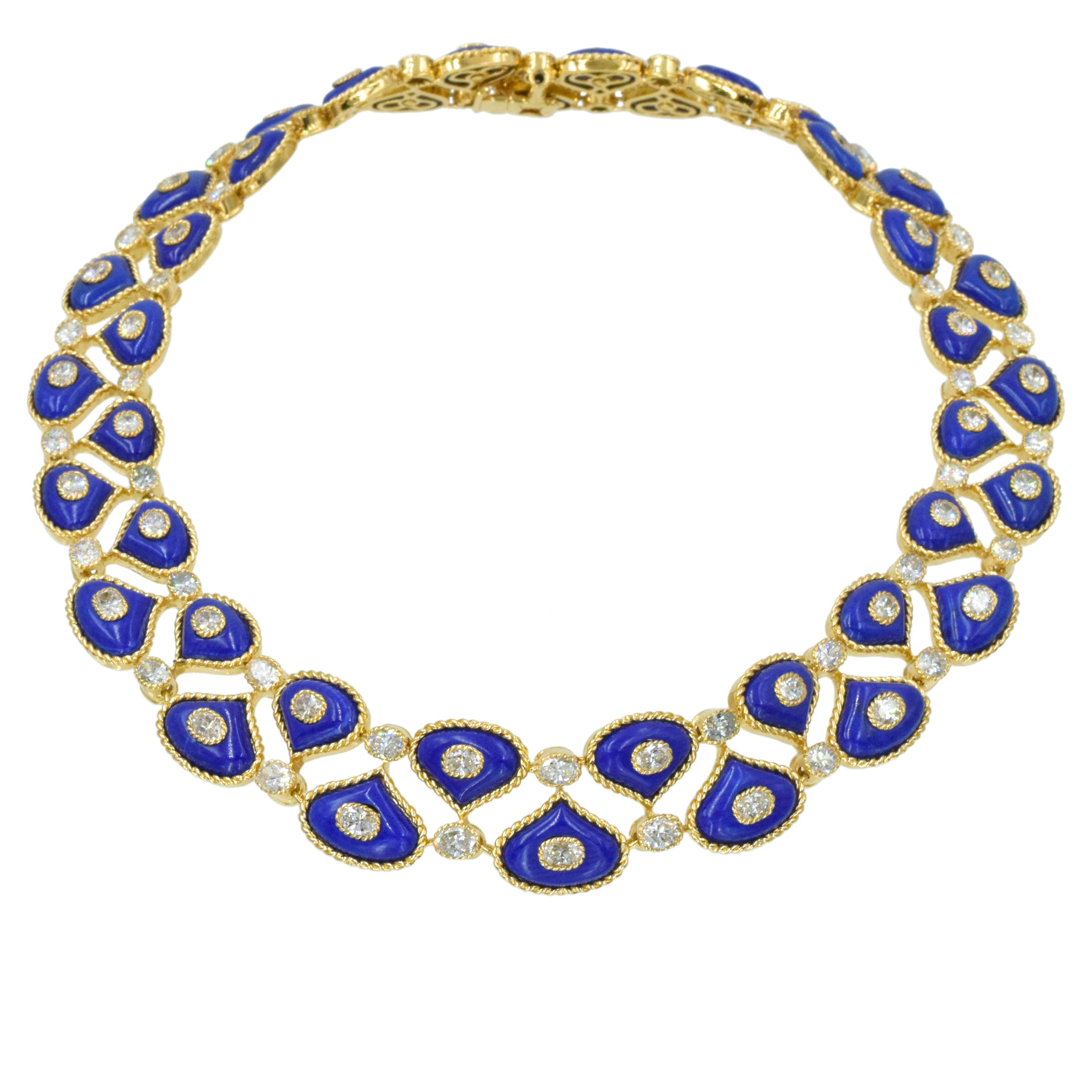 Alexandre Reza 1990's Diamond and Lapis Lazuli Necklace, Earrings & Ring Set In 18k Gold