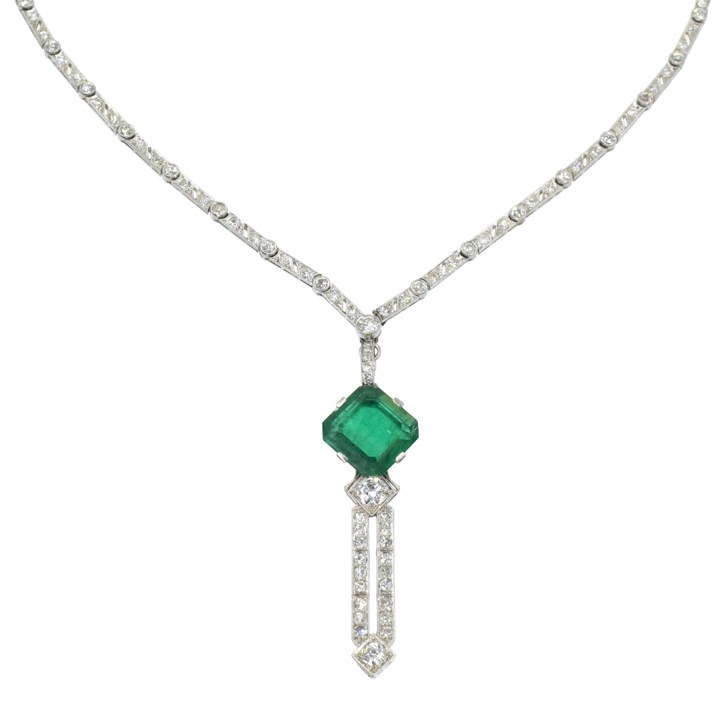 Art Deco 3.90ct Columbian Emerald & 4.15ct Diamond Necklace in Platinum