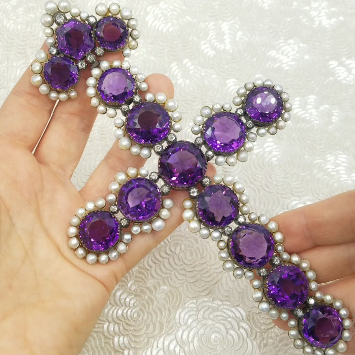 Antique Amethyst, Pearl & Diamond Cross Pendant