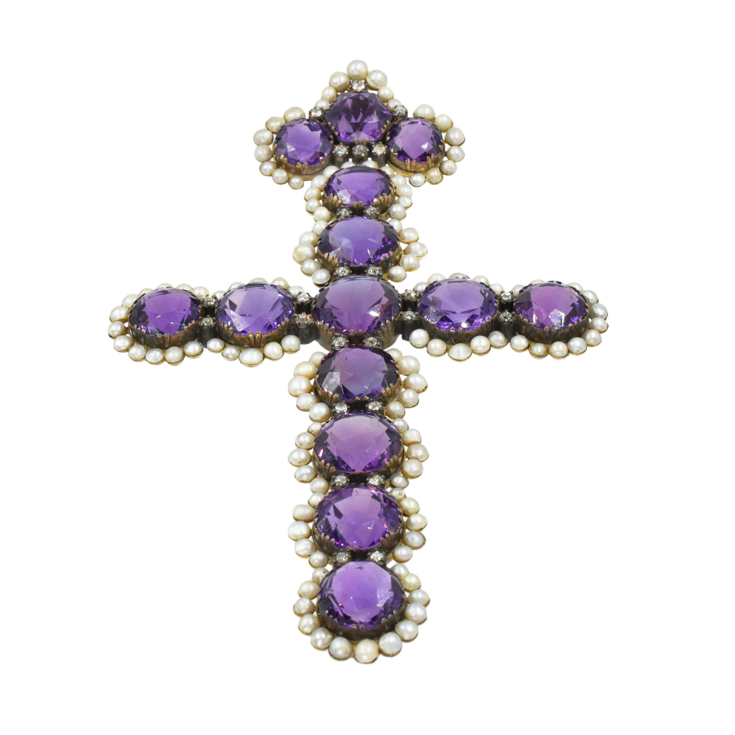 Antique Amethyst, Pearl & Diamond Cross Pendant