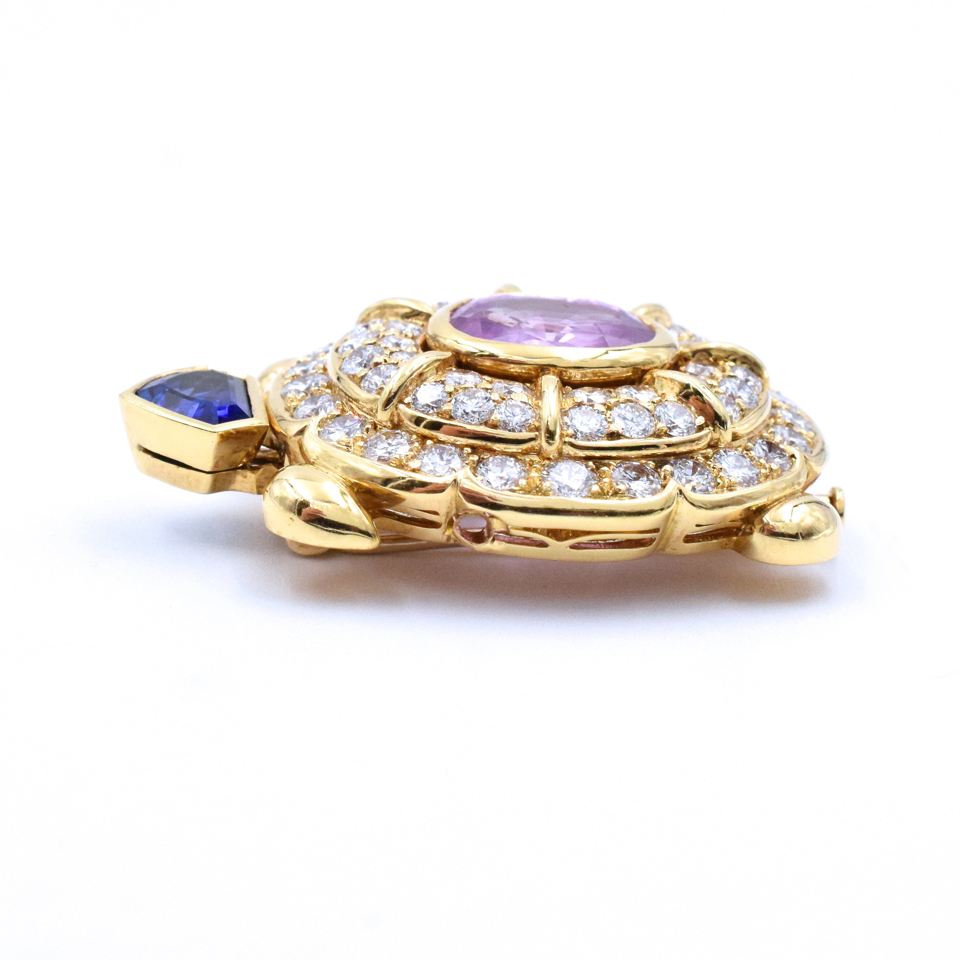 1970's Pink & Blue Sapphire & Diamond Turtle Brooch in 18k Yellow Gold