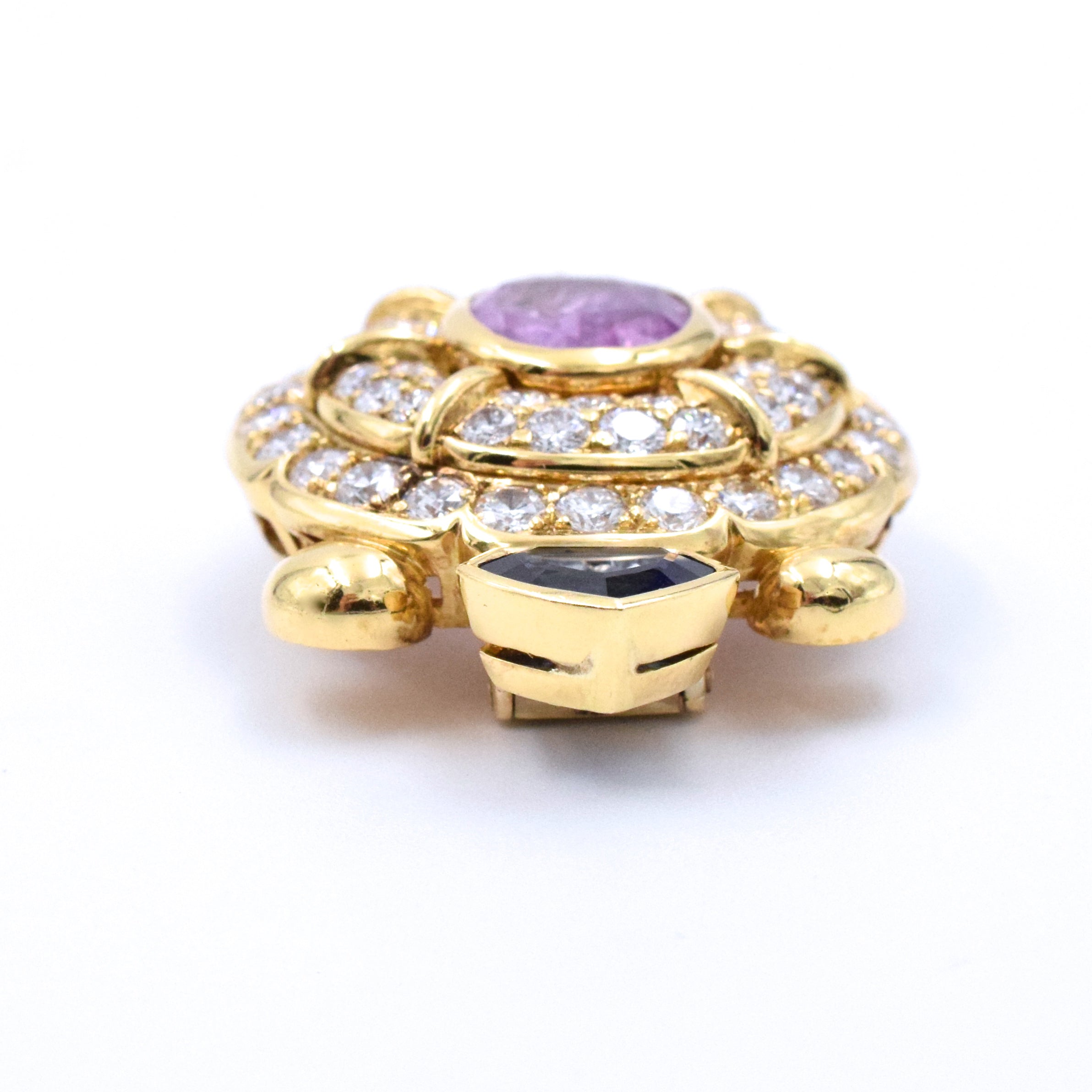 1970's Pink & Blue Sapphire & Diamond Turtle Brooch in 18k Yellow Gold