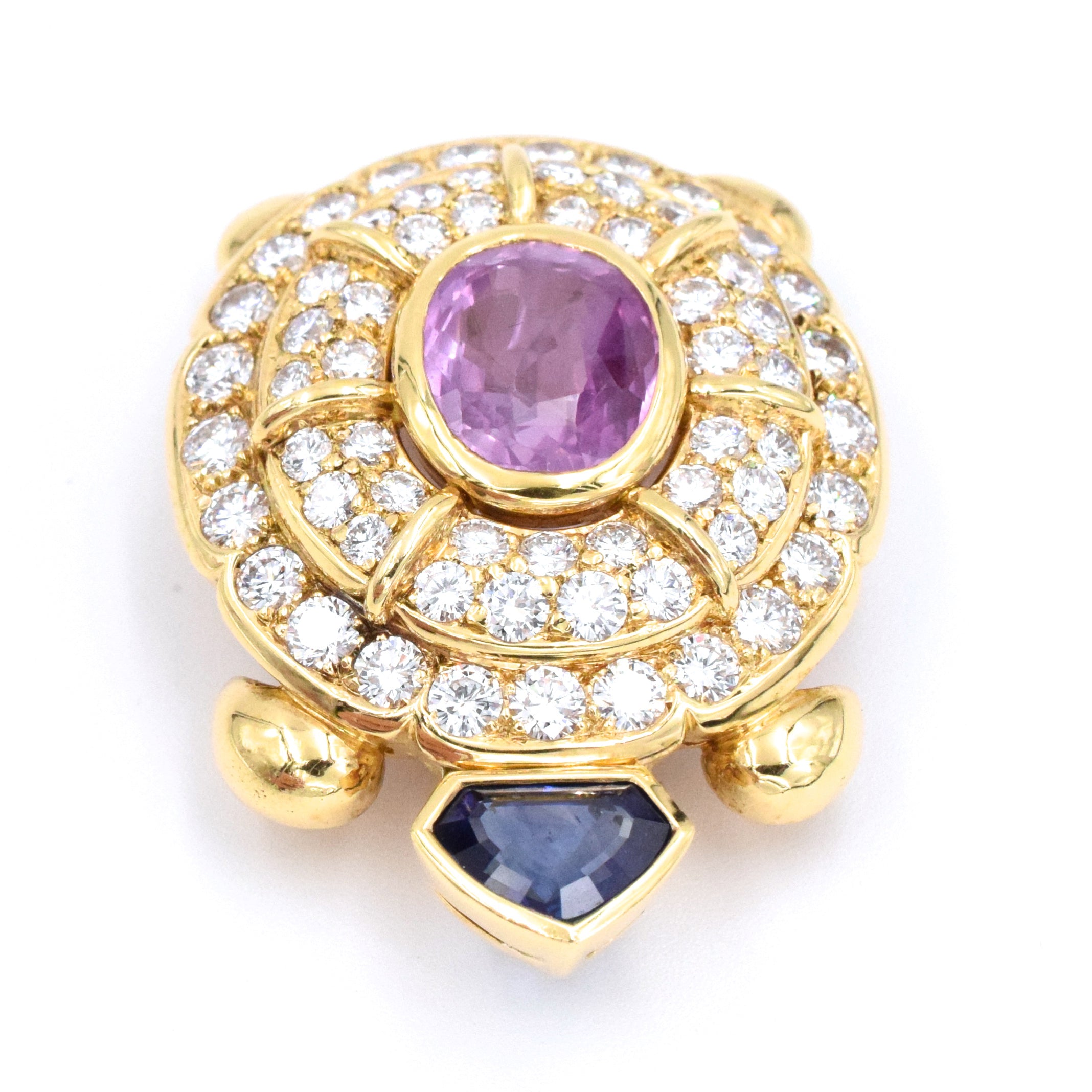 1970's Pink & Blue Sapphire & Diamond Turtle Brooch in 18k Yellow Gold