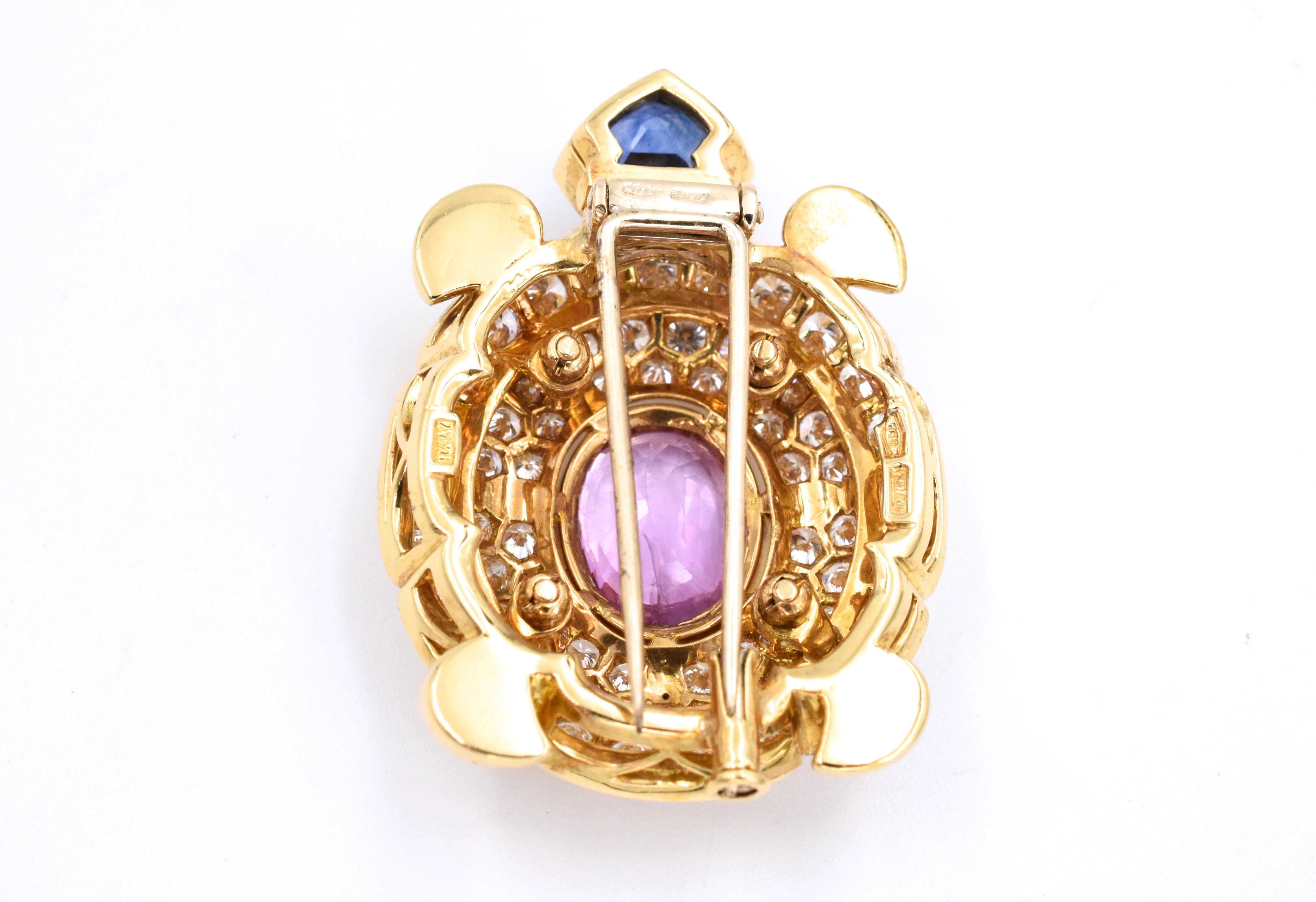 1970's Pink & Blue Sapphire & Diamond Turtle Brooch in 18k Yellow Gold