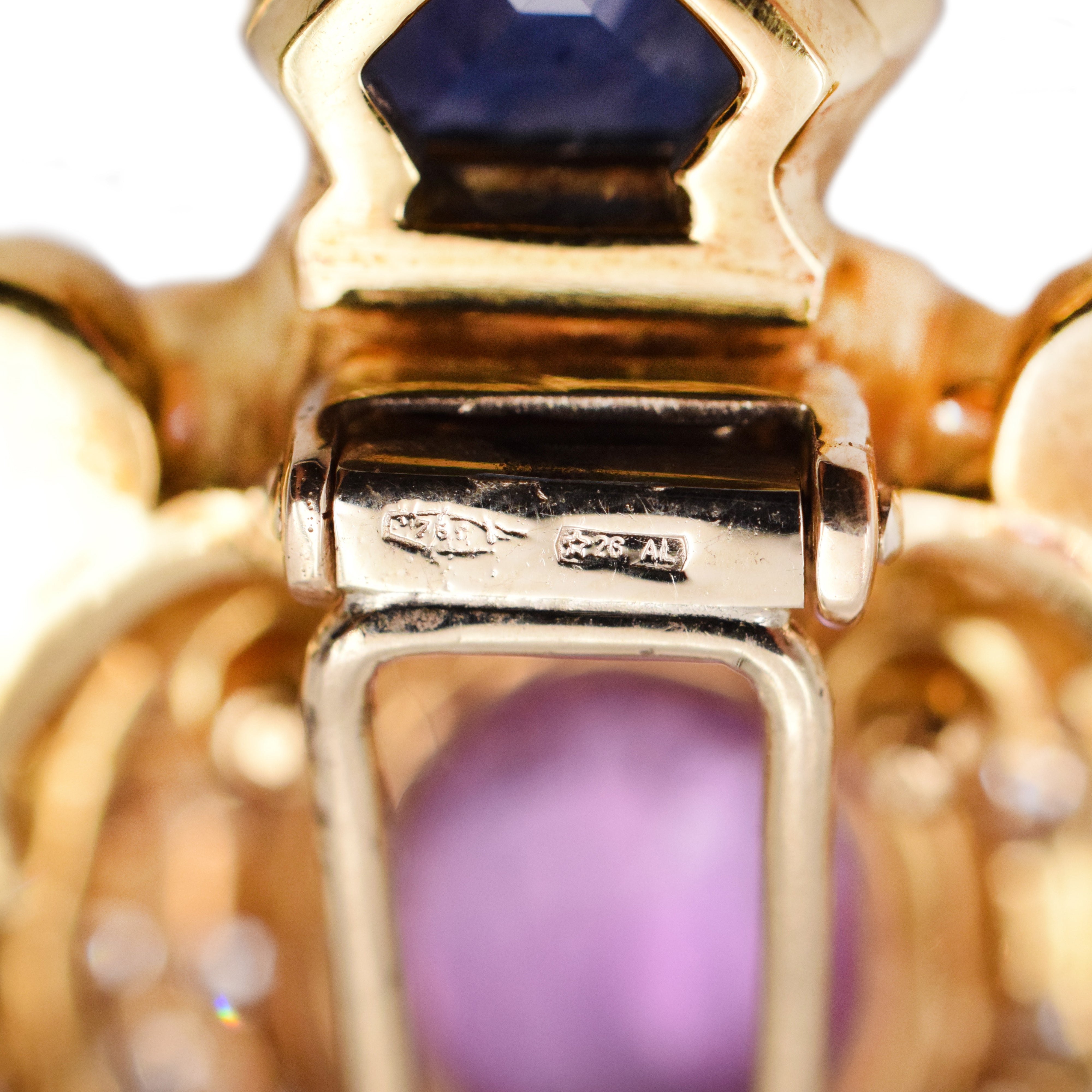 1970's Pink & Blue Sapphire & Diamond Turtle Brooch in 18k Yellow Gold
