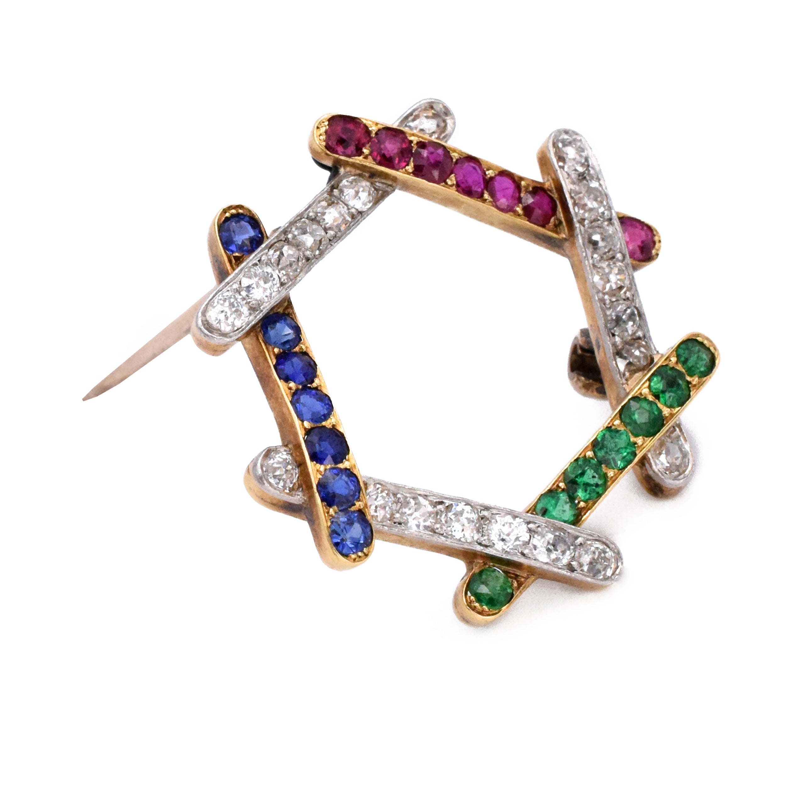 Antique Diamond & Multi-Color Gemstones Brooch