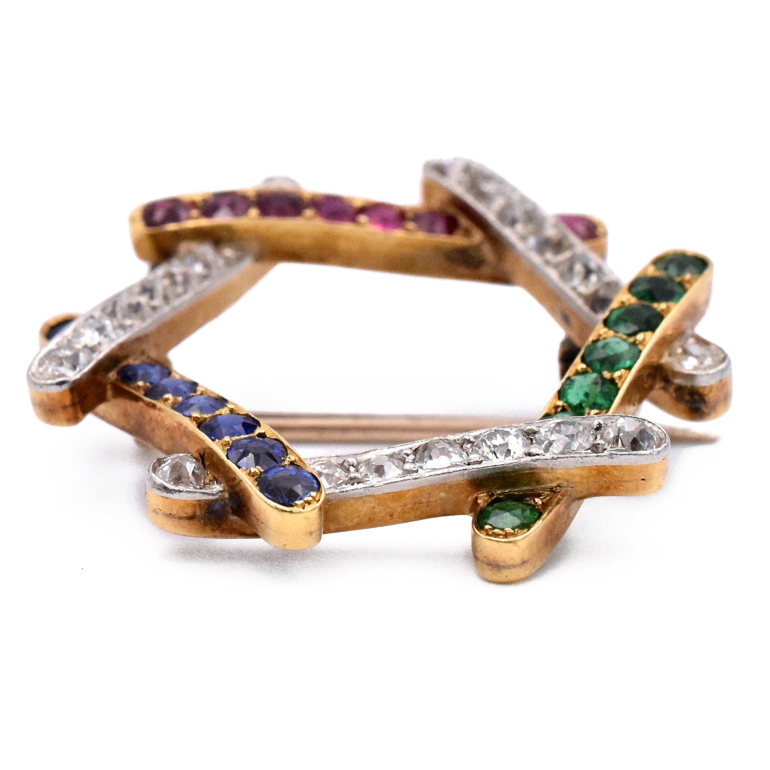 Antique Diamond & Multi-Color Gemstones Brooch