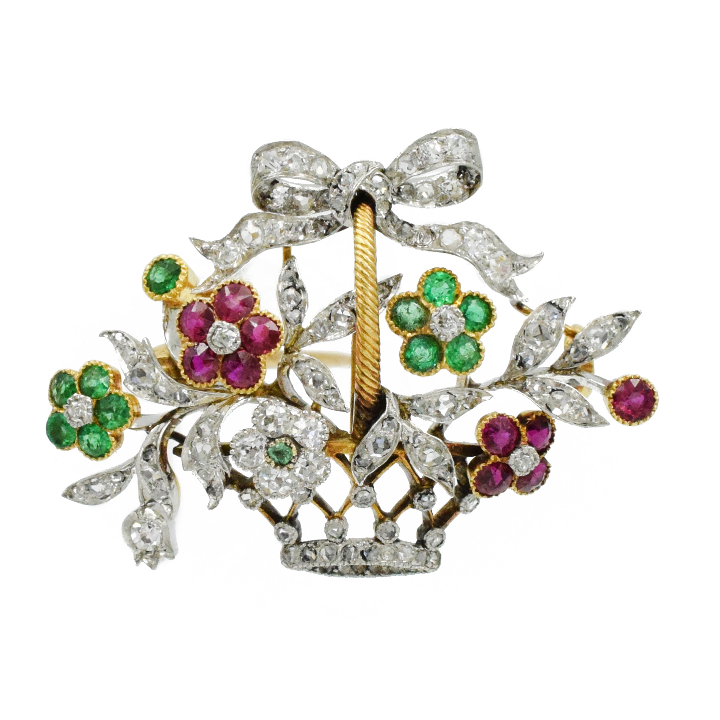 Edwardian Diamond, Emerald & Ruby Flower Basket Brooch
