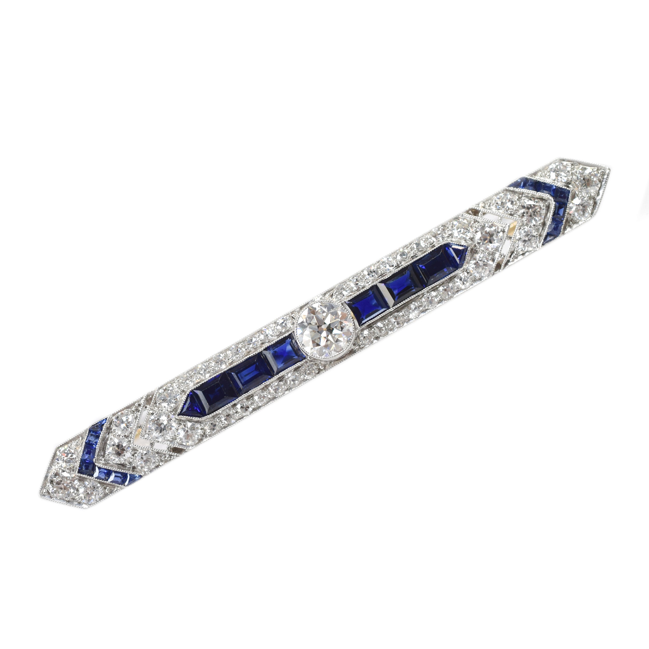 Art Deco 3ct Diamond & 1.50ct Sapphire Lapel Pin In Platinum
