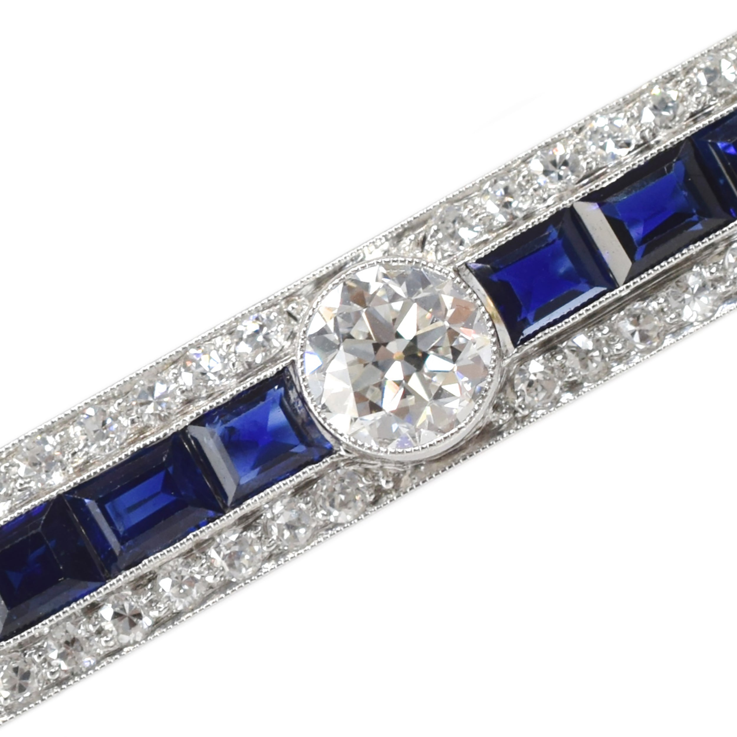 Art Deco 3ct Diamond & 1.50ct Sapphire Lapel Pin In Platinum