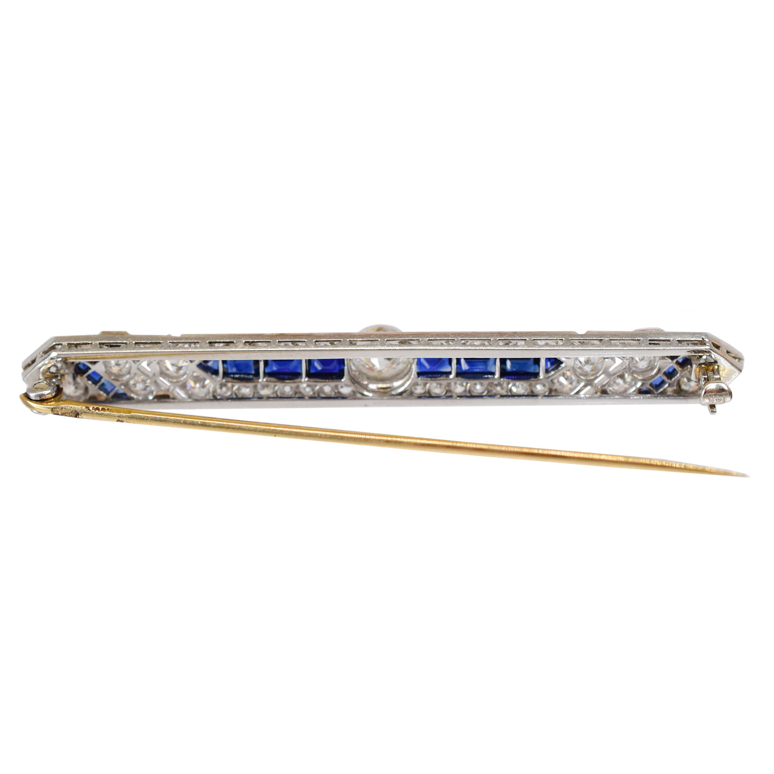 Art Deco 3ct Diamond & 1.50ct Sapphire Lapel Pin In Platinum