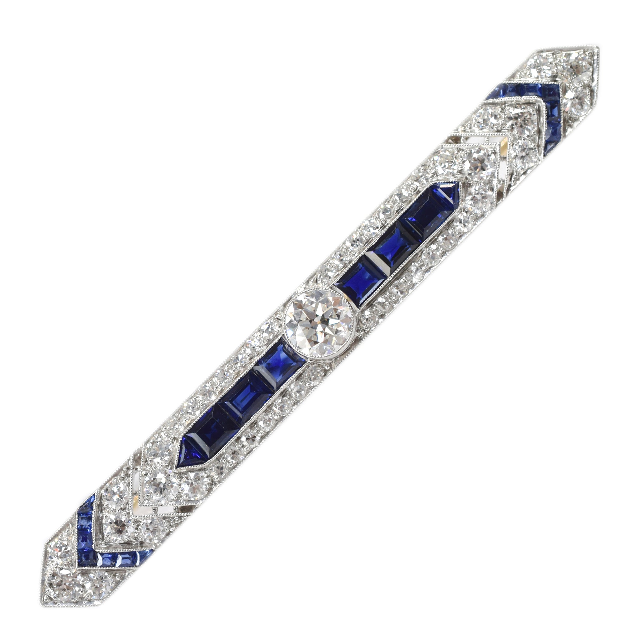 Art Deco 3ct Diamond & 1.50ct Sapphire Lapel Pin In Platinum