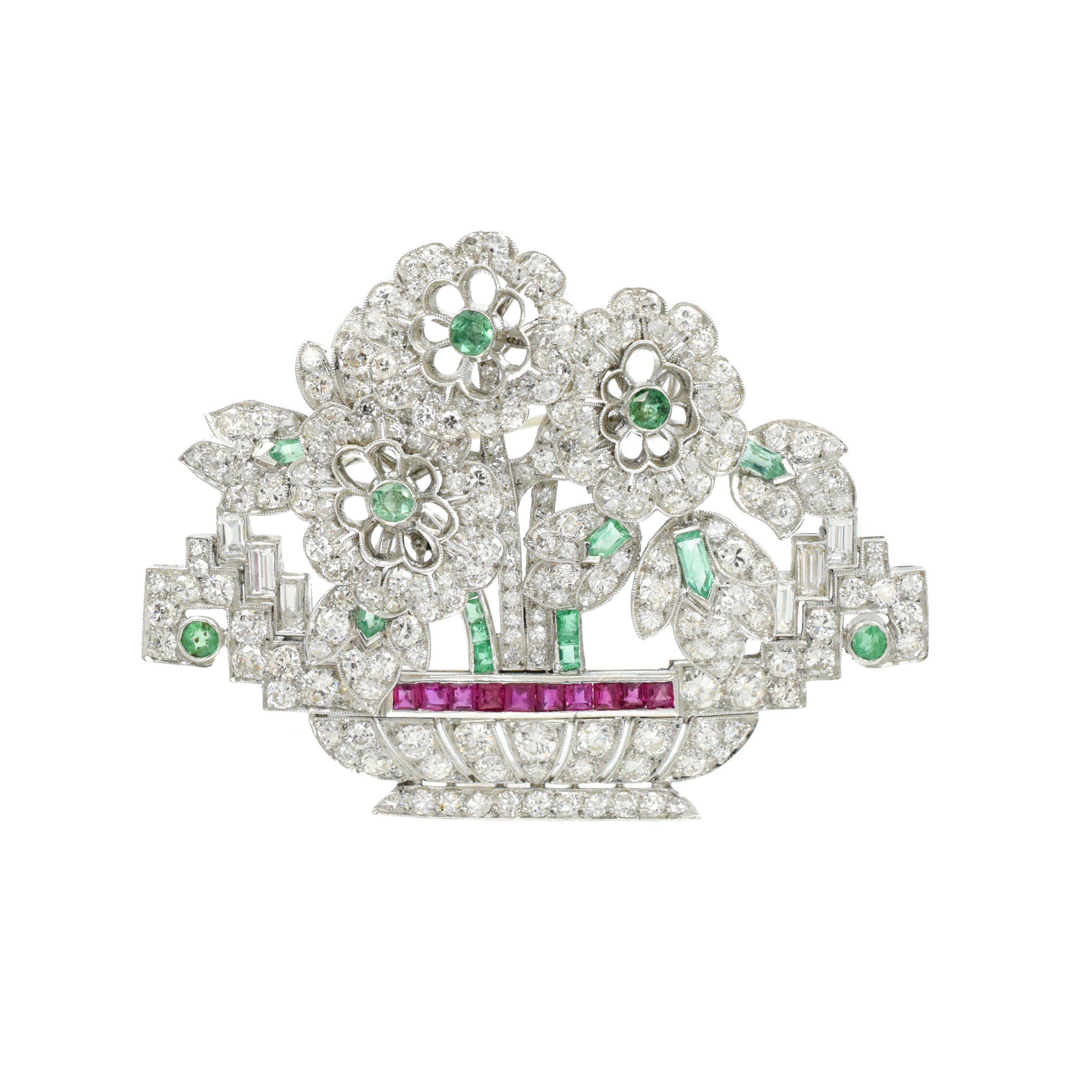 Art Deco Diamond, Emerald & Ruby Flower Brooch in Platinum