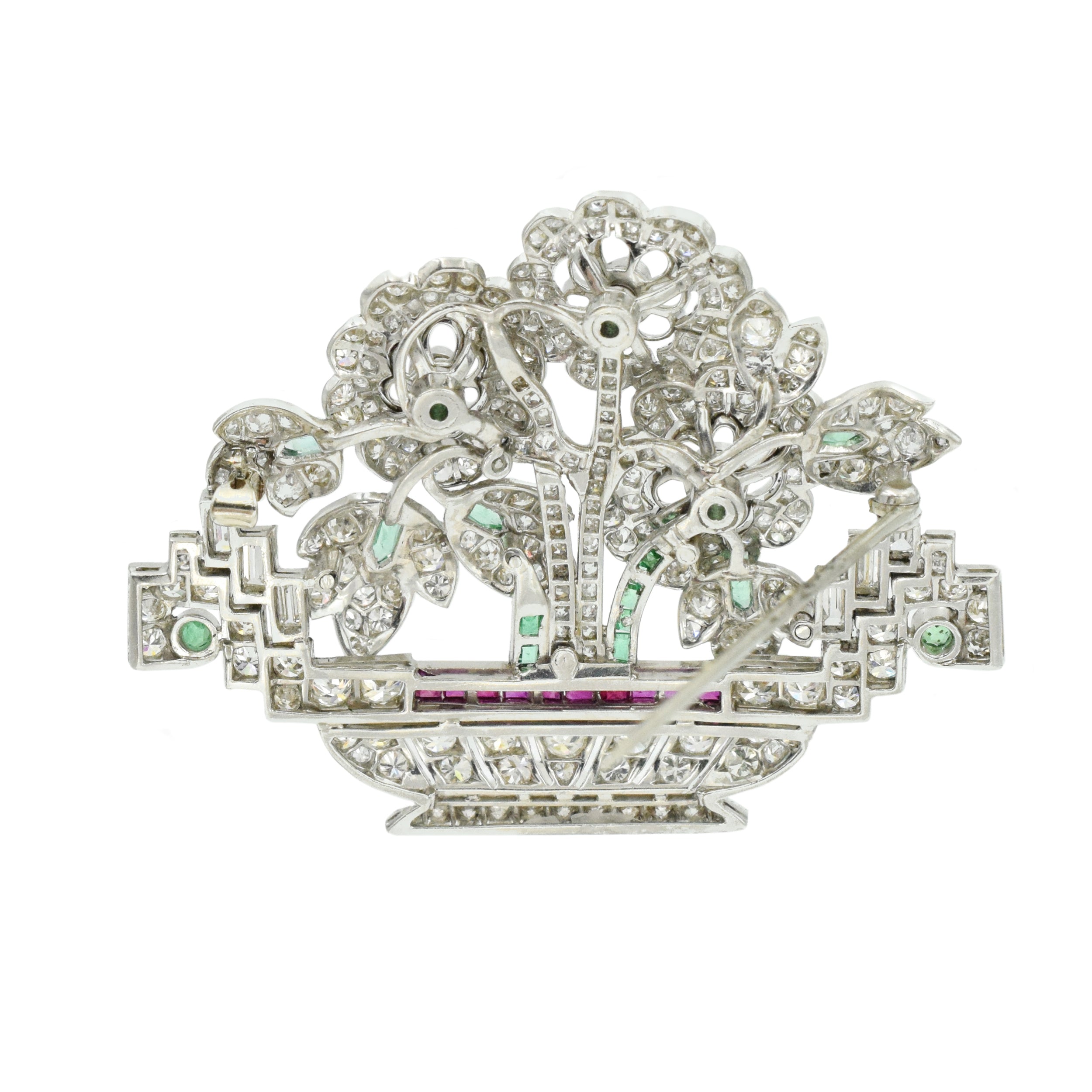 Art Deco Diamond, Emerald & Ruby Flower Brooch in Platinum