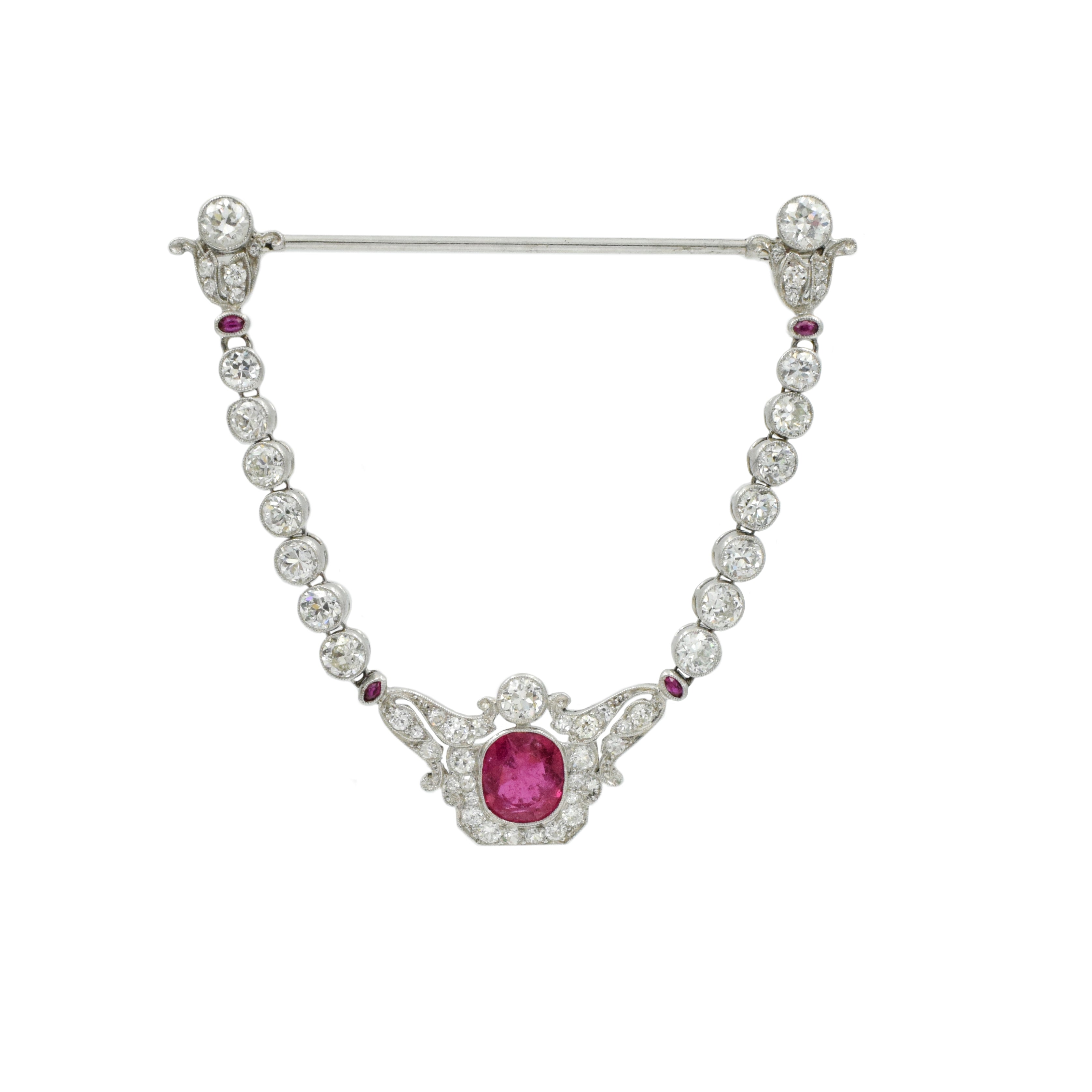 1900's Edwardian Spinel and Diamond Jabot Brooch in Platinum