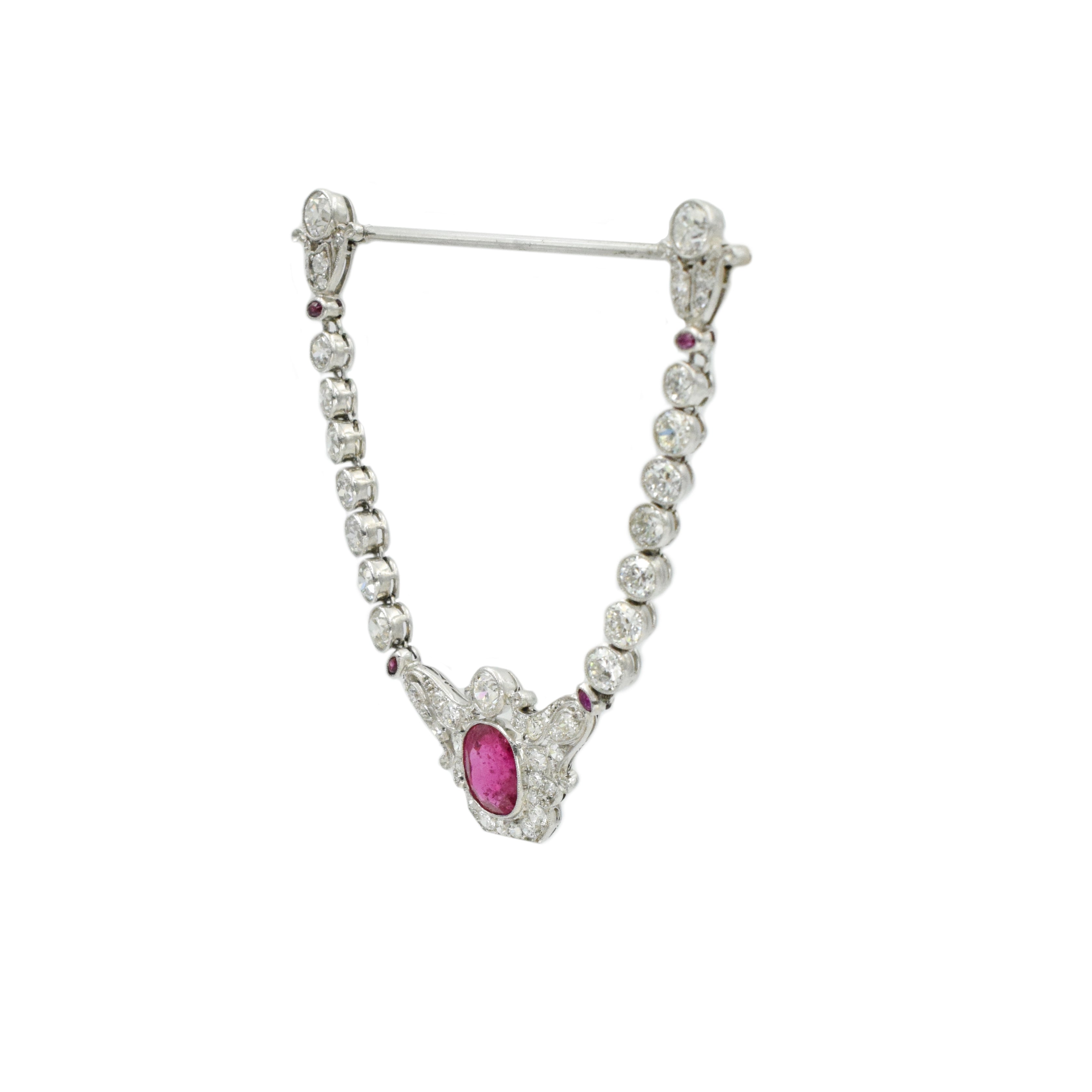 1900's Edwardian Spinel and Diamond Jabot Brooch in Platinum