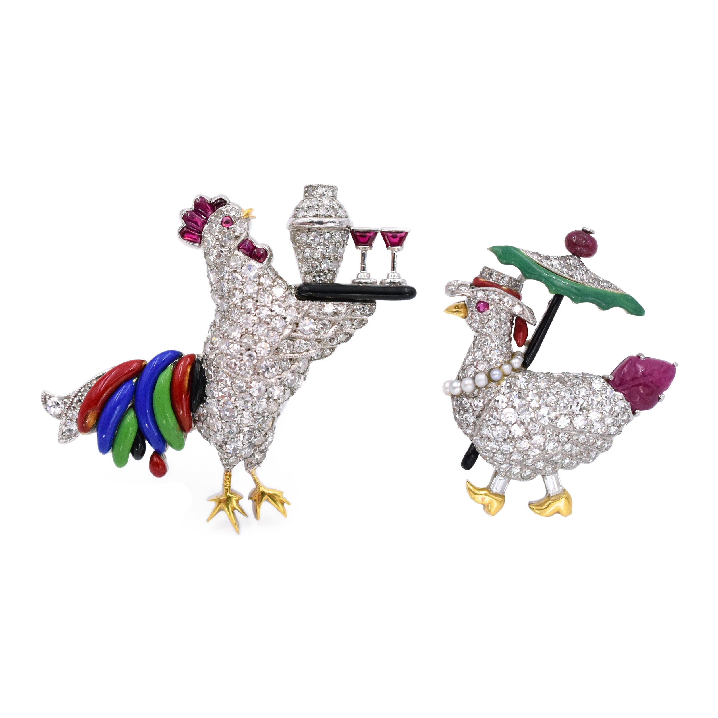 Art Deco Diamond, Ruby & Enamel Rooster & Hen Brooches by Raymond Yard