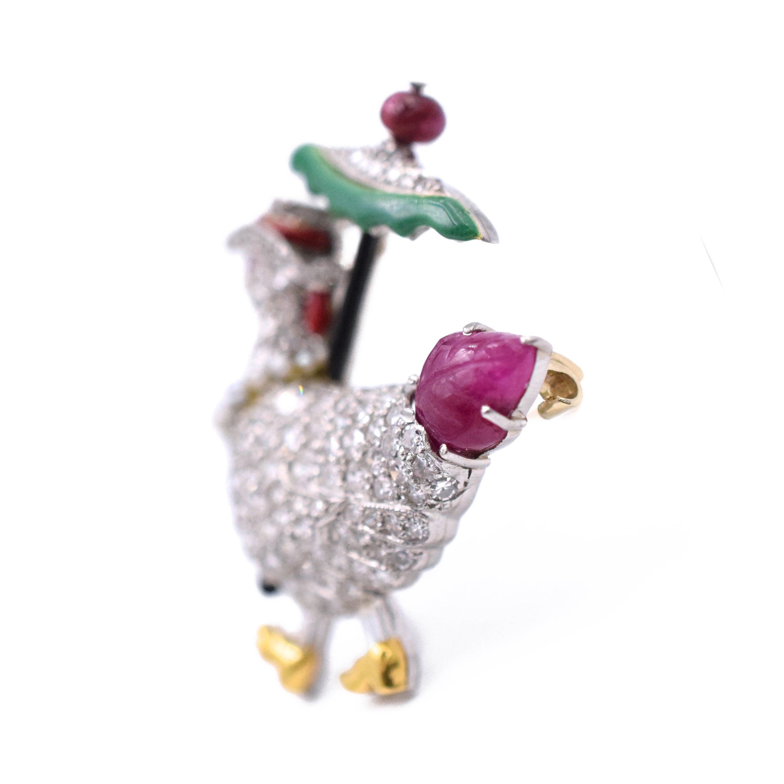 Art Deco Diamond, Ruby & Enamel Rooster & Hen Brooches by Raymond Yard