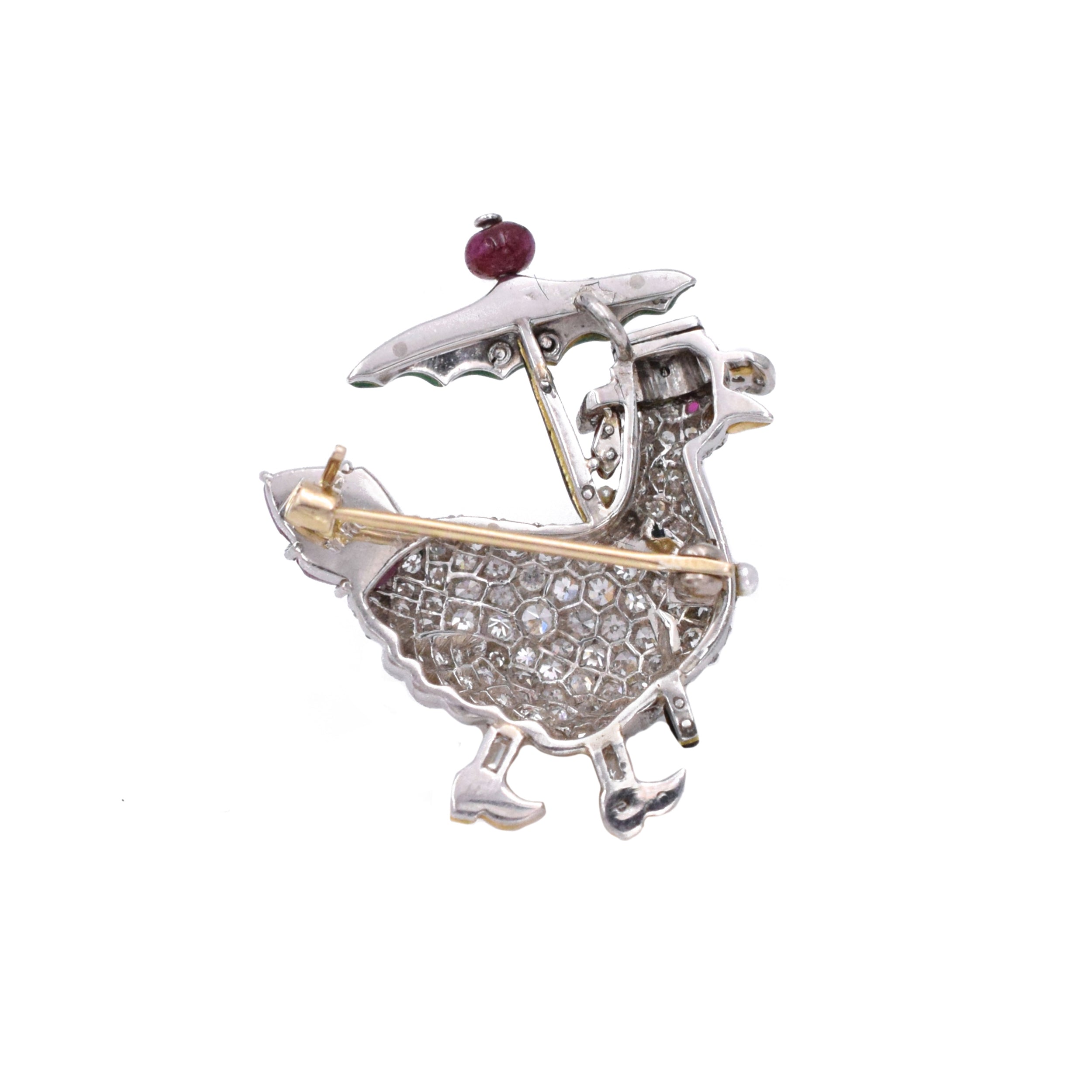 Art Deco Diamond, Ruby & Enamel Rooster & Hen Brooches by Raymond Yard