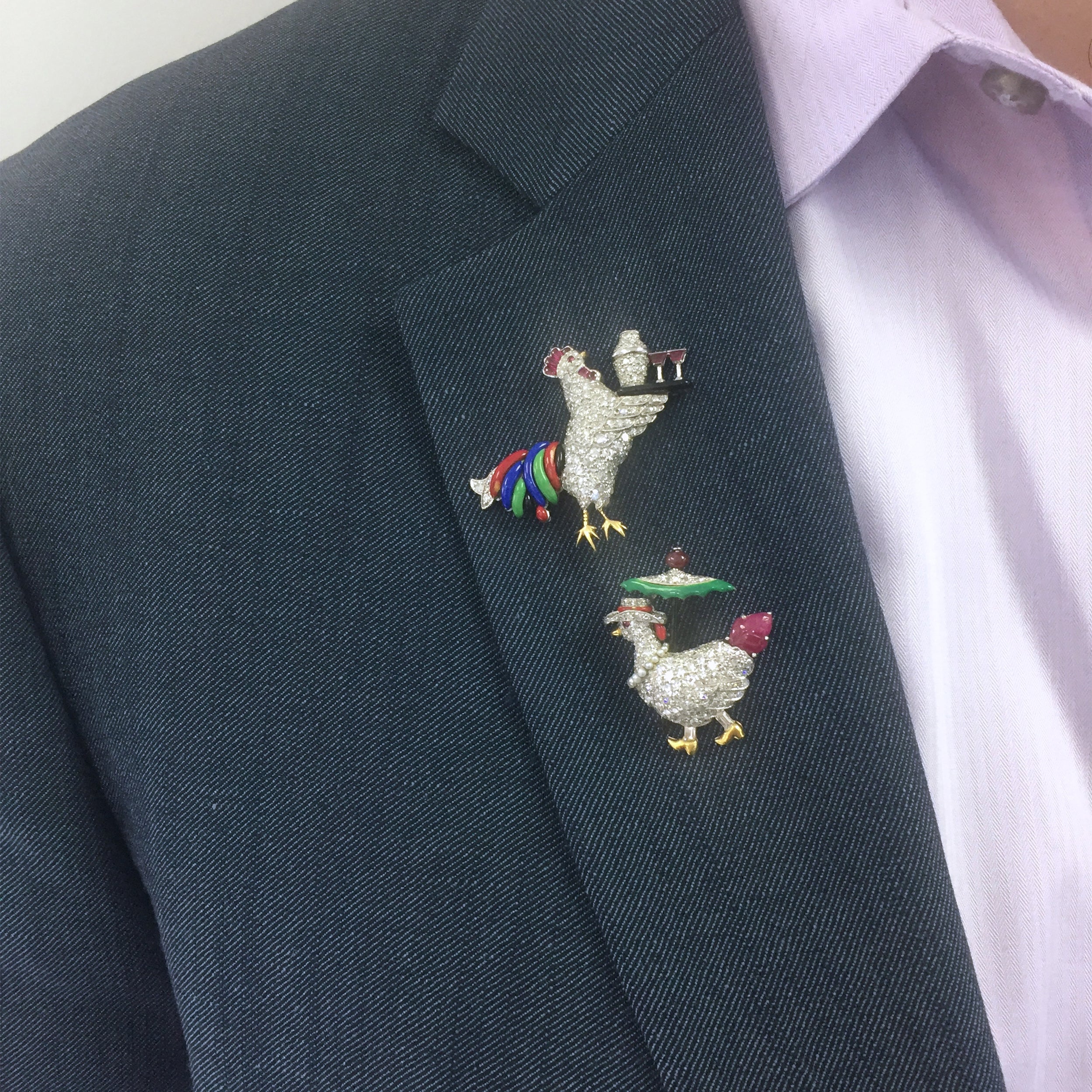 Art Deco Diamond, Ruby & Enamel Rooster & Hen Brooches by Raymond Yard