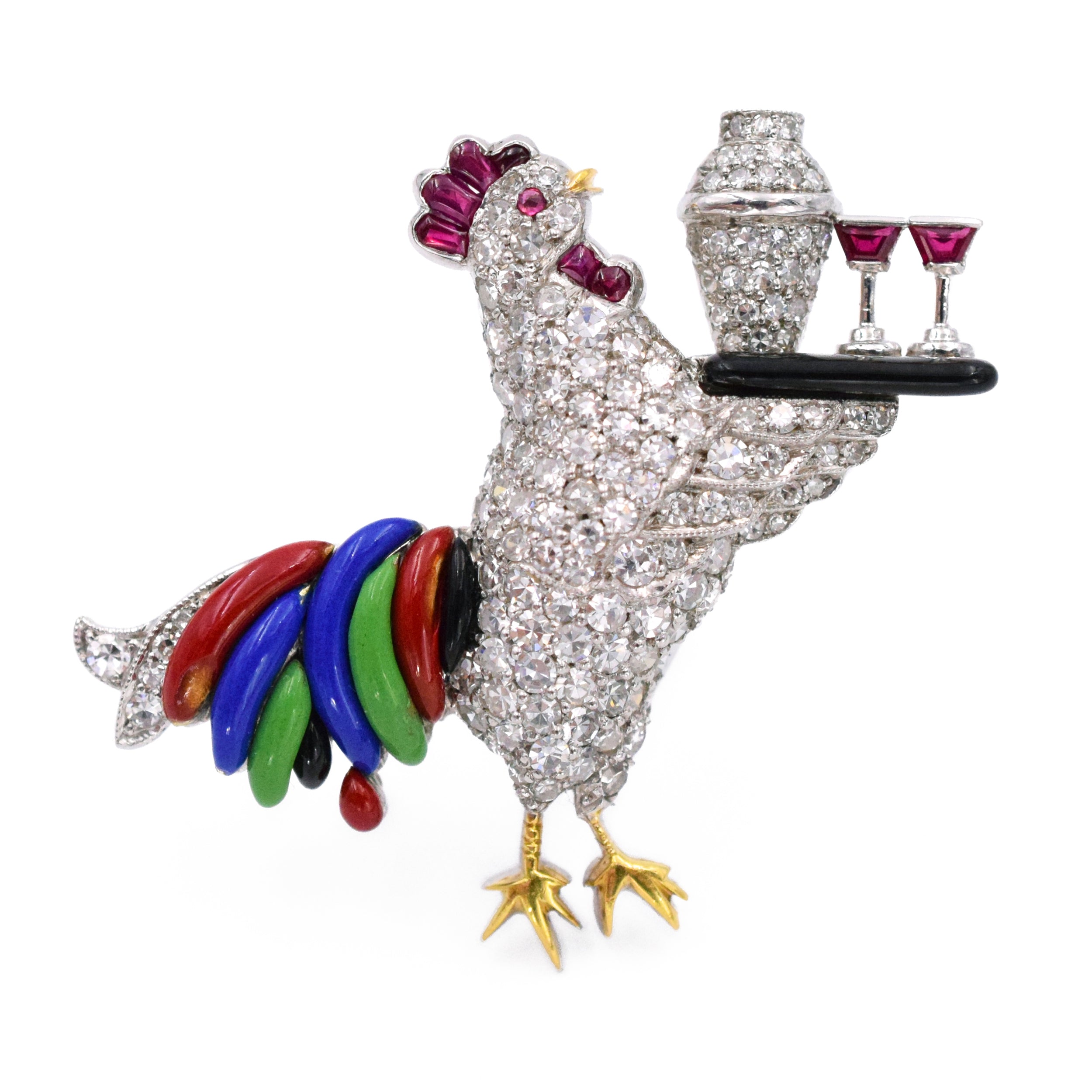Art Deco Diamond, Ruby & Enamel Rooster & Hen Brooches by Raymond Yard