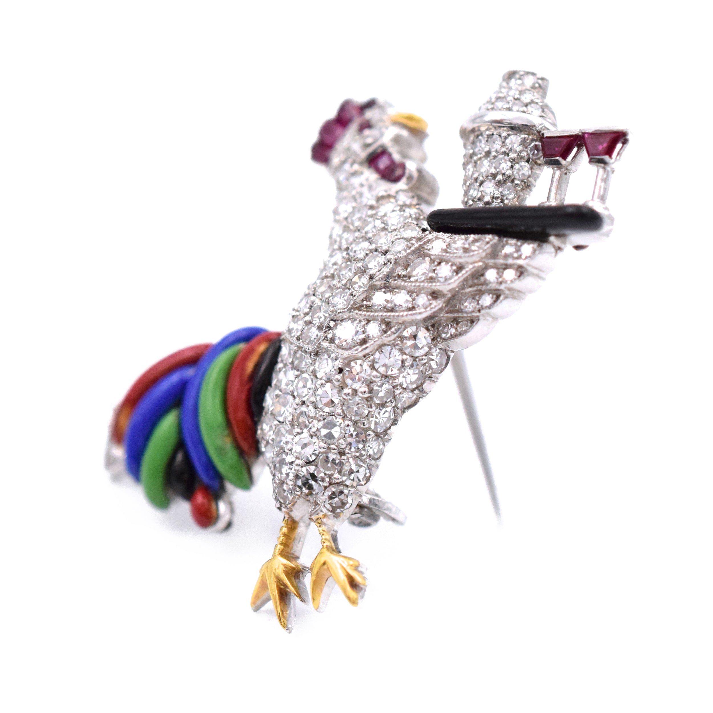 Art Deco Diamond, Ruby & Enamel Rooster & Hen Brooches by Raymond Yard