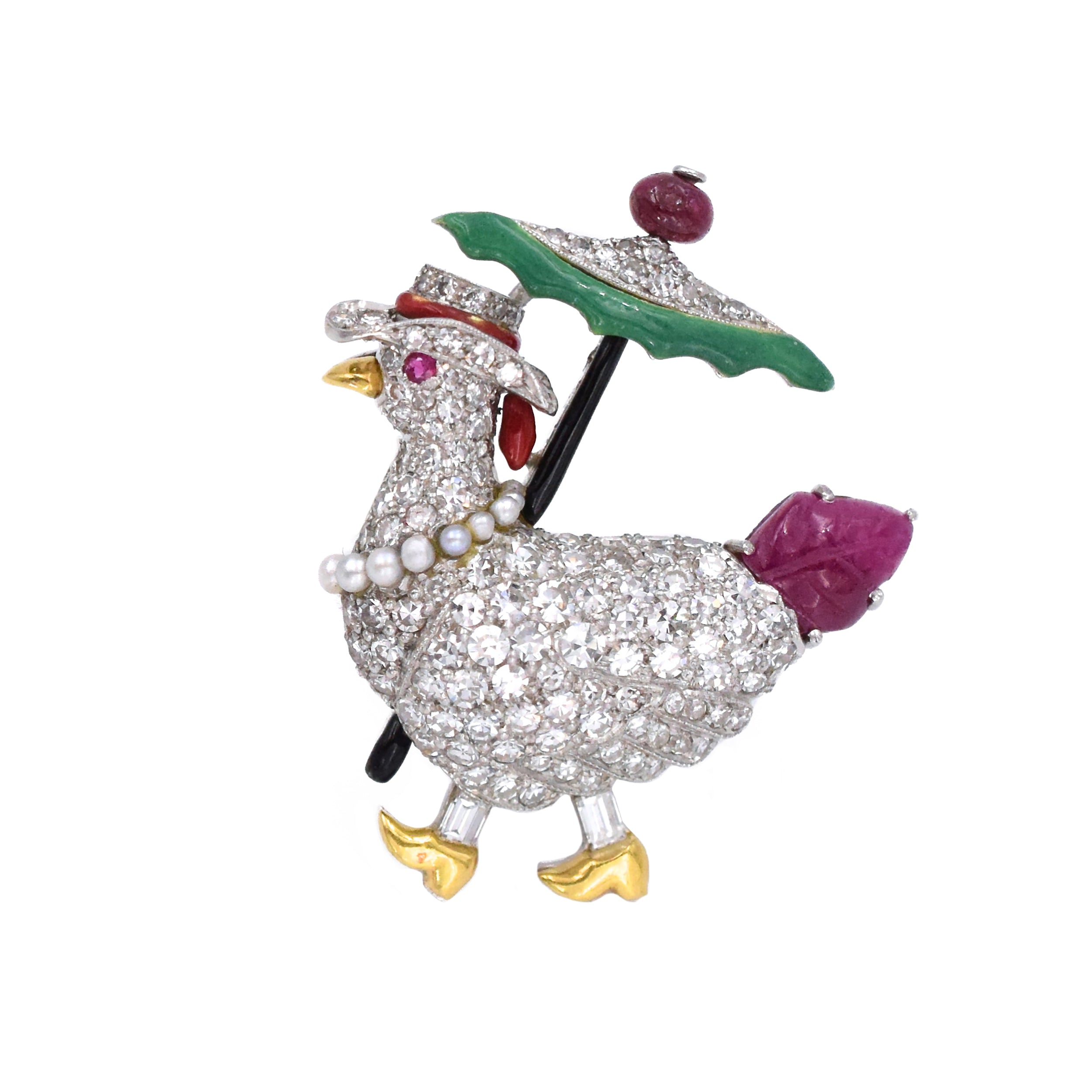 Art Deco Diamond, Ruby & Enamel Rooster & Hen Brooches by Raymond Yard