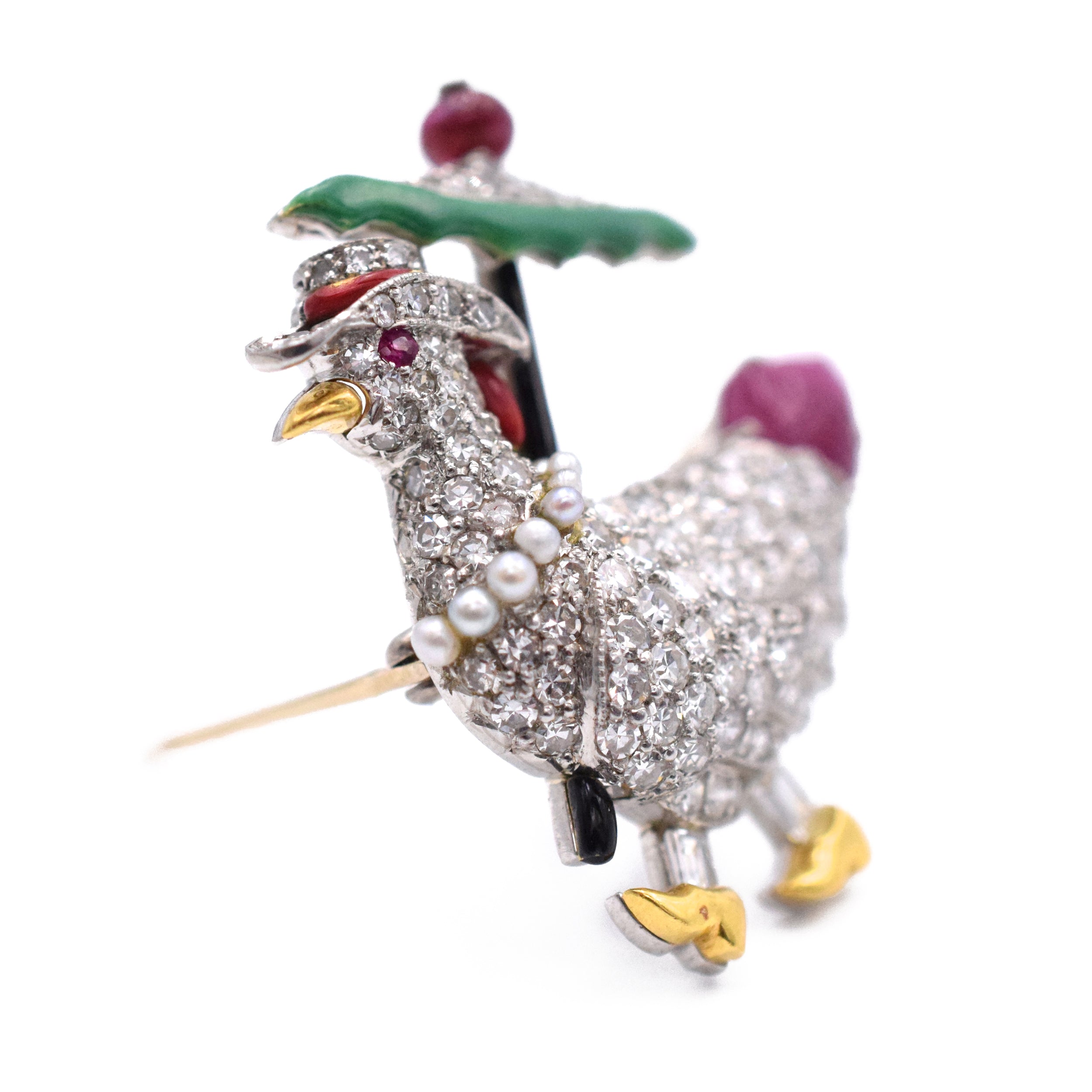 Art Deco Diamond, Ruby & Enamel Rooster & Hen Brooches by Raymond Yard