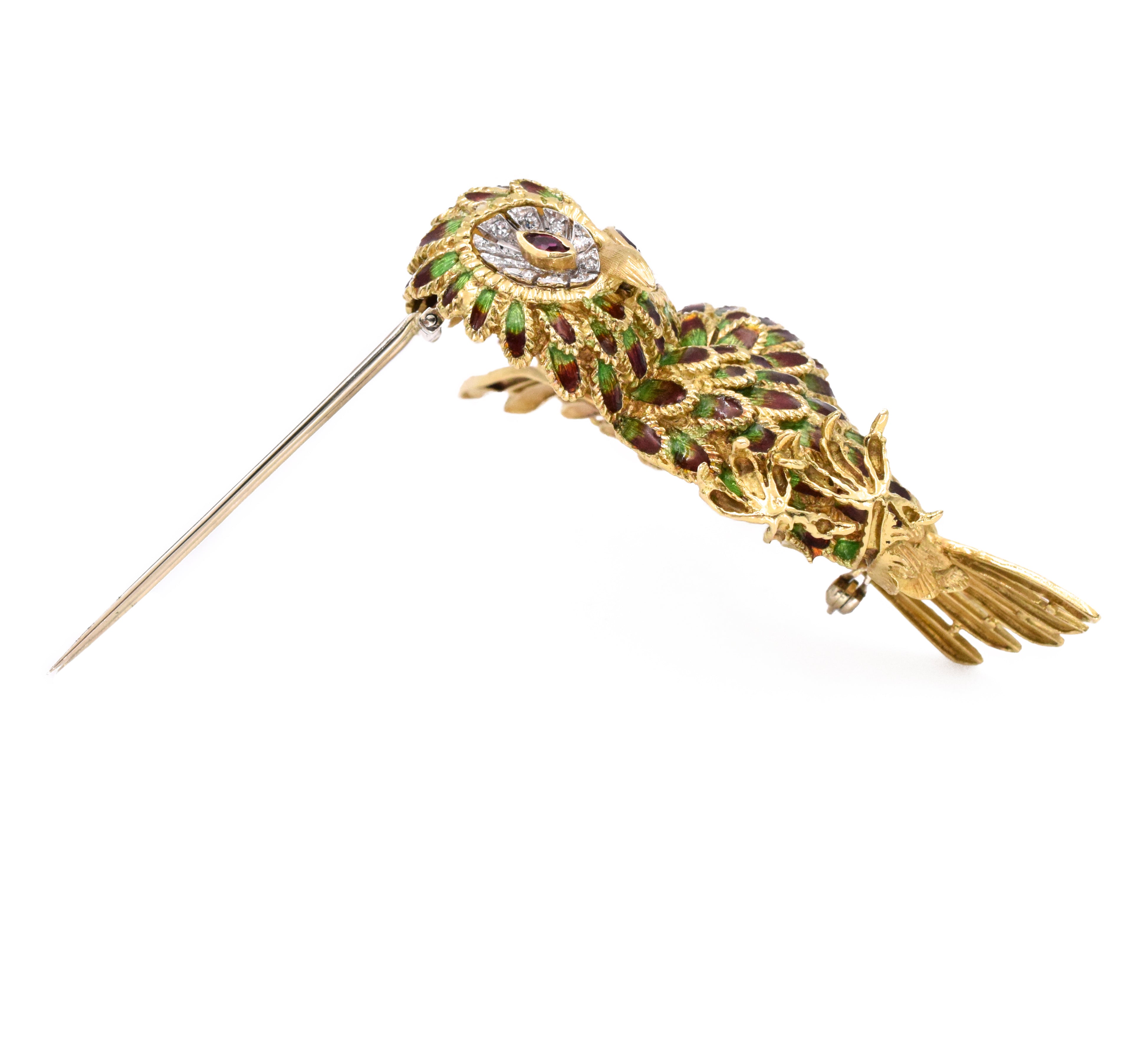 Diamond, Ruby & Enamel Owl Brooch in 18k Yellow Gold