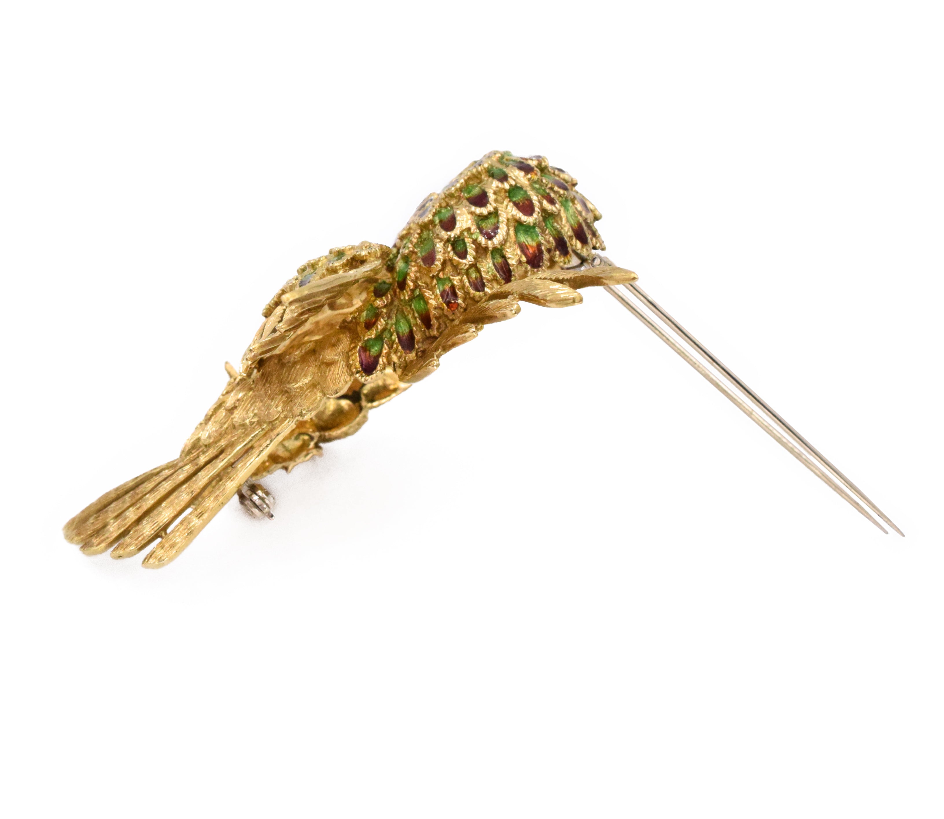 Diamond, Ruby & Enamel Owl Brooch in 18k Yellow Gold