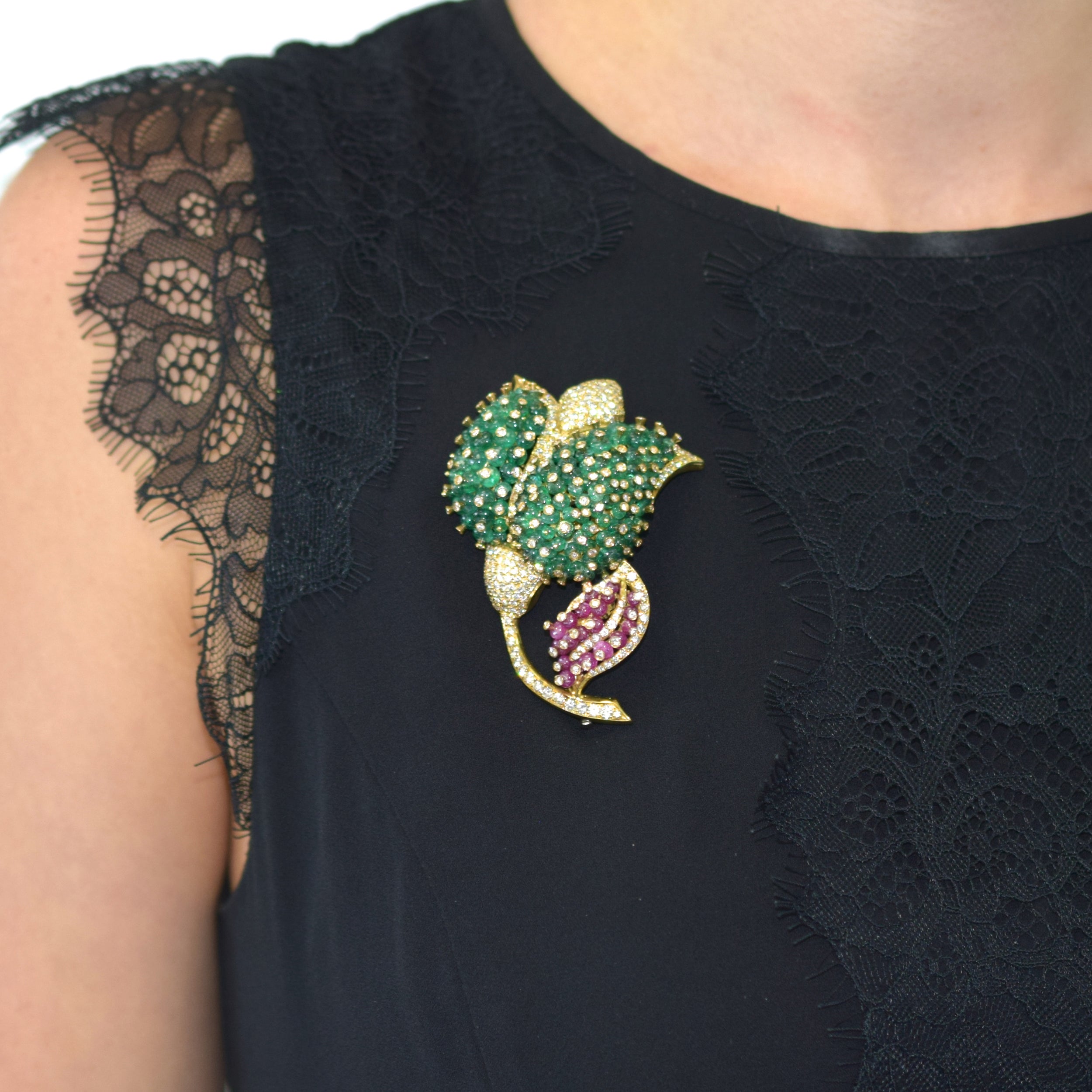 1970's Emerald, Ruby & Diamond Tulip Brooch by Giovane