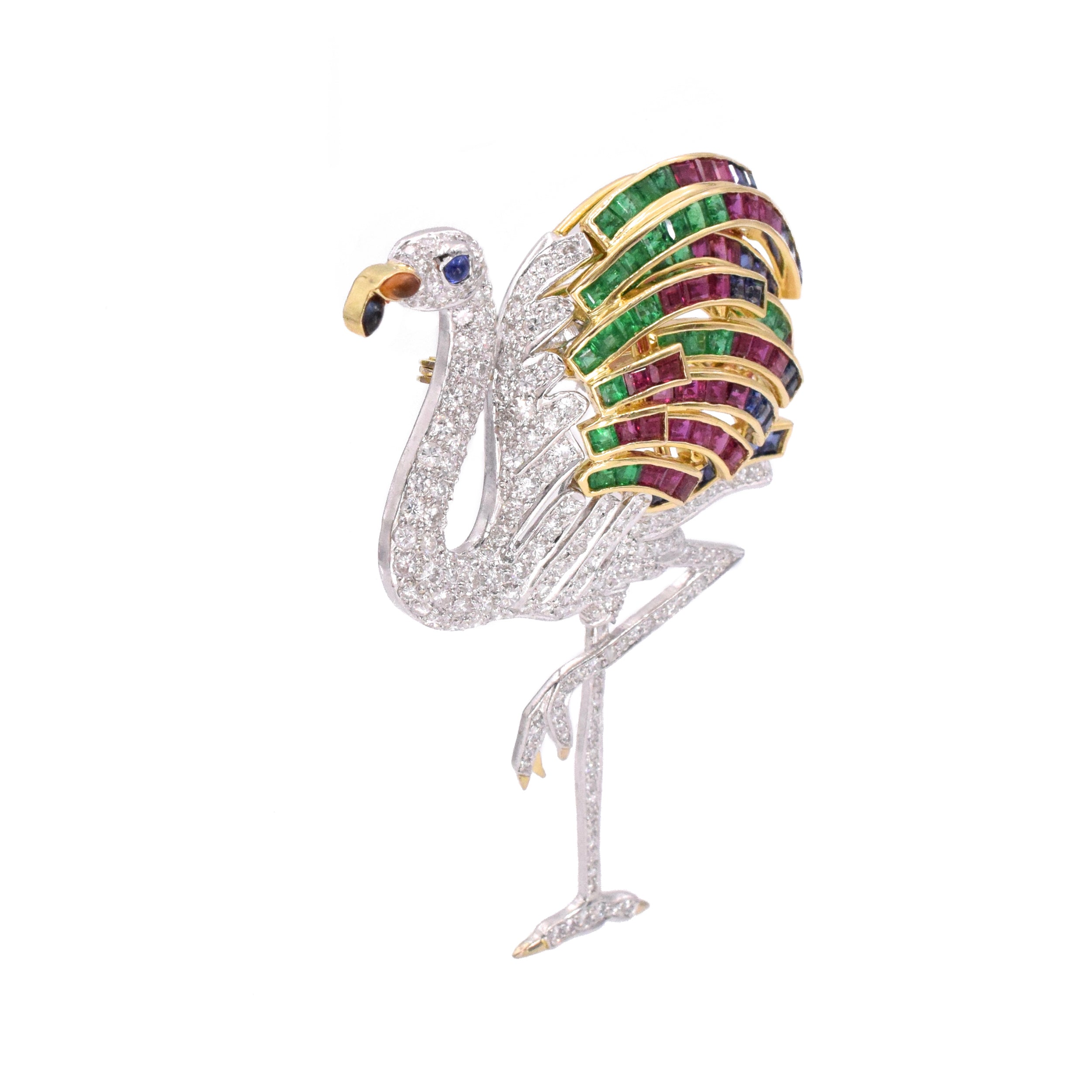 1990's Diamond, Emerald, Ruby & Sapphire Flamingo Brooch