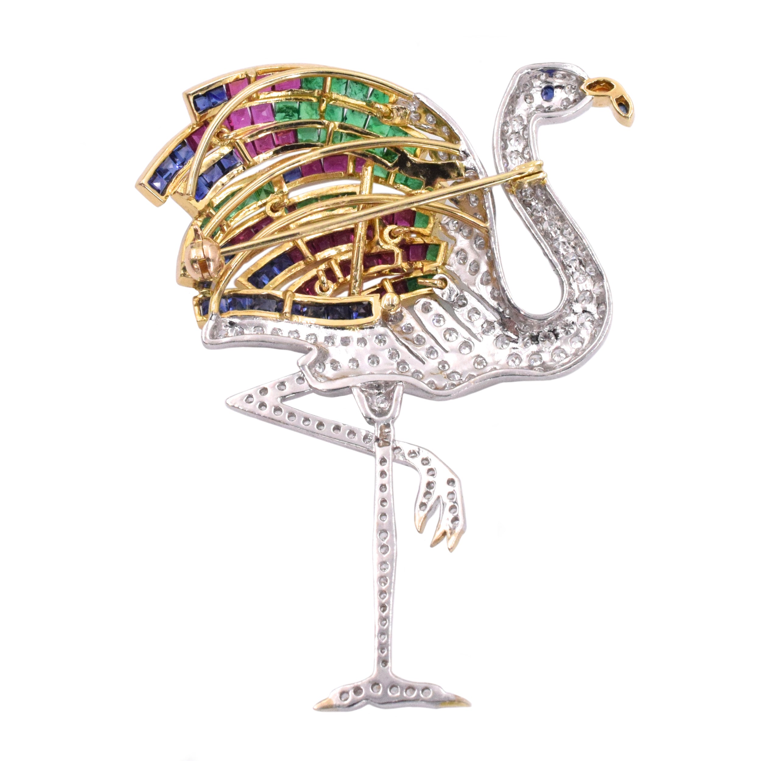 1990's Diamond, Emerald, Ruby & Sapphire Flamingo Brooch